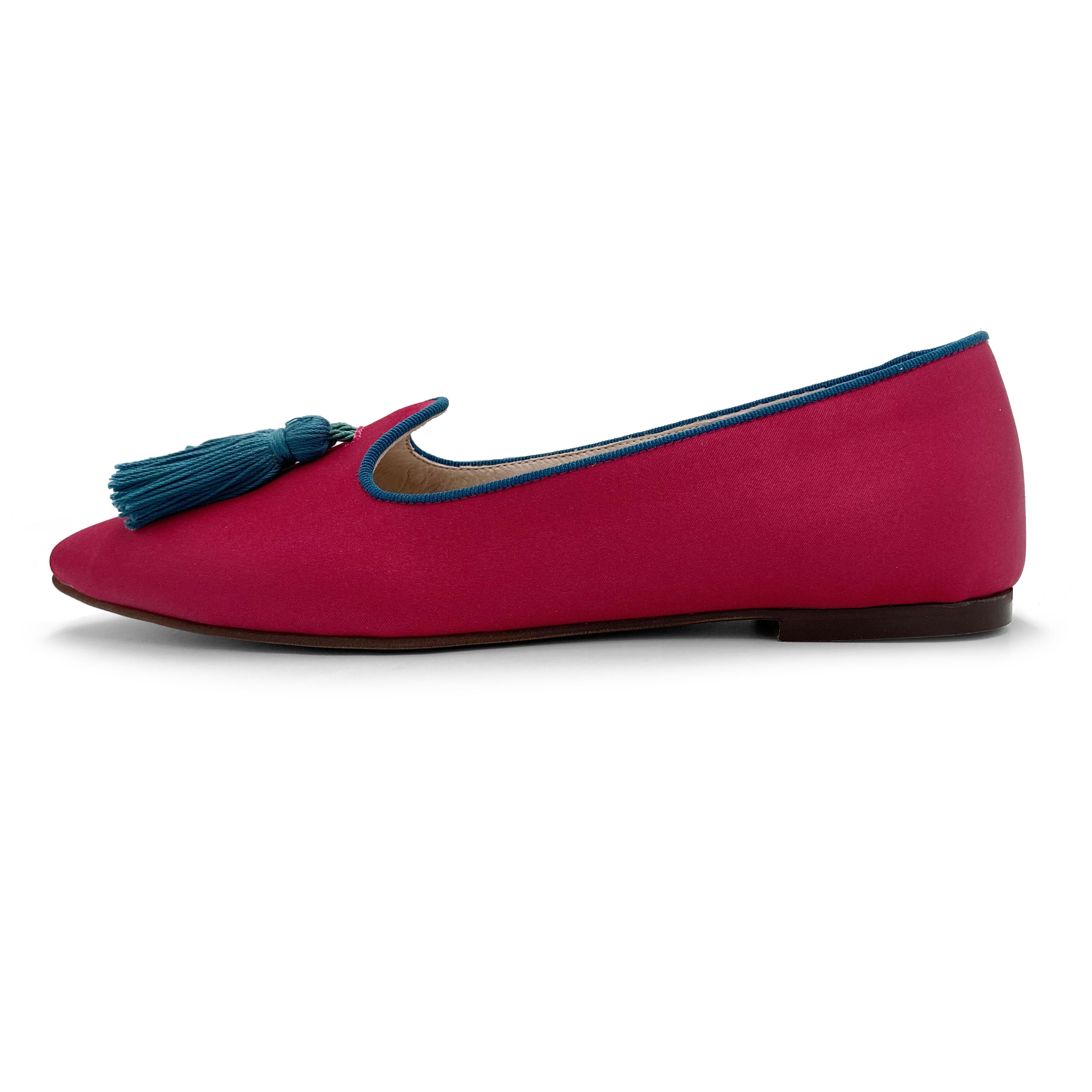 TT Go Green Collection - Mocassins femme en satin éco fuchsia avec pompons pétrole