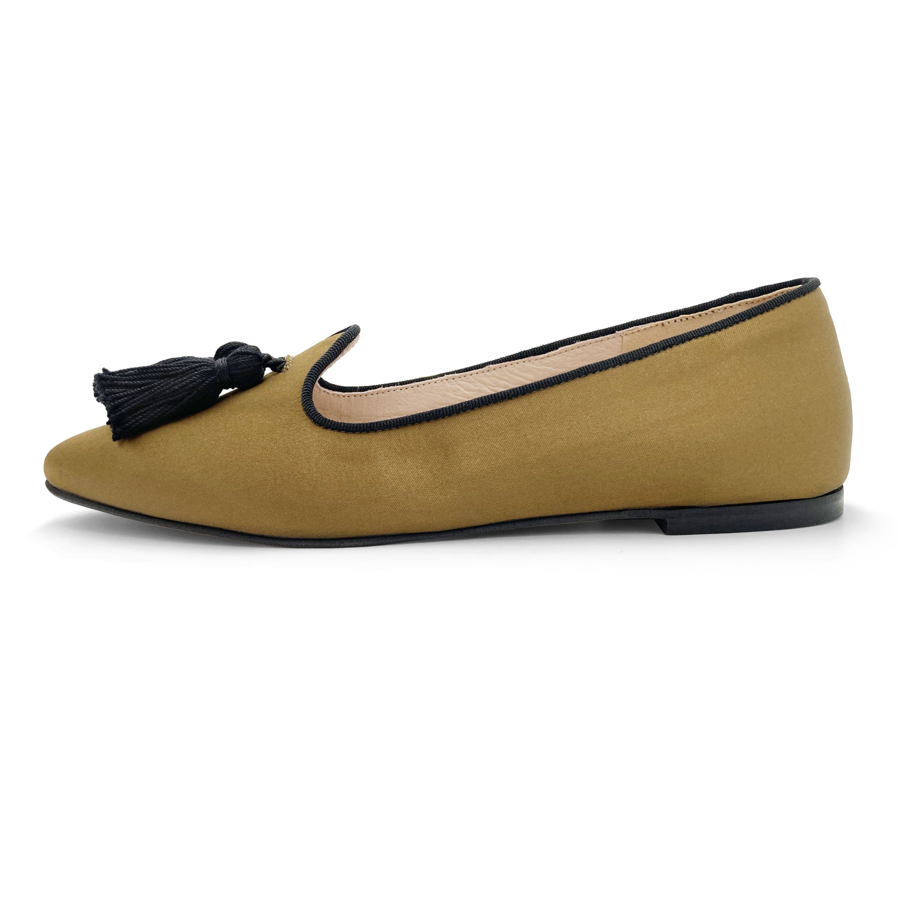 TT Go Green collection - women's mustard-coloured eco-friendly satin moccasins with black tassels