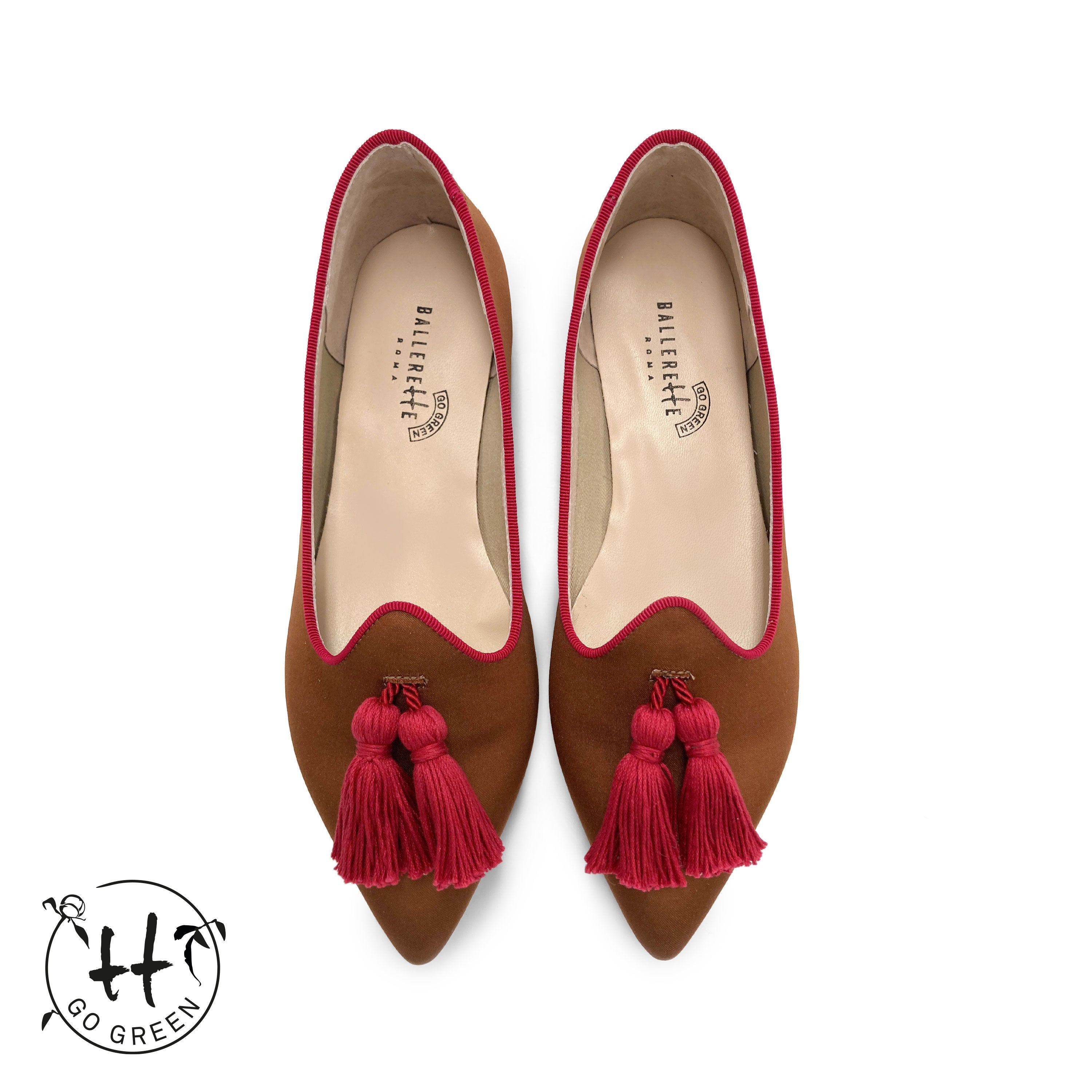 TT Go Green Collection - Mocassini donna marroni in raso eco e nappine fucsia
