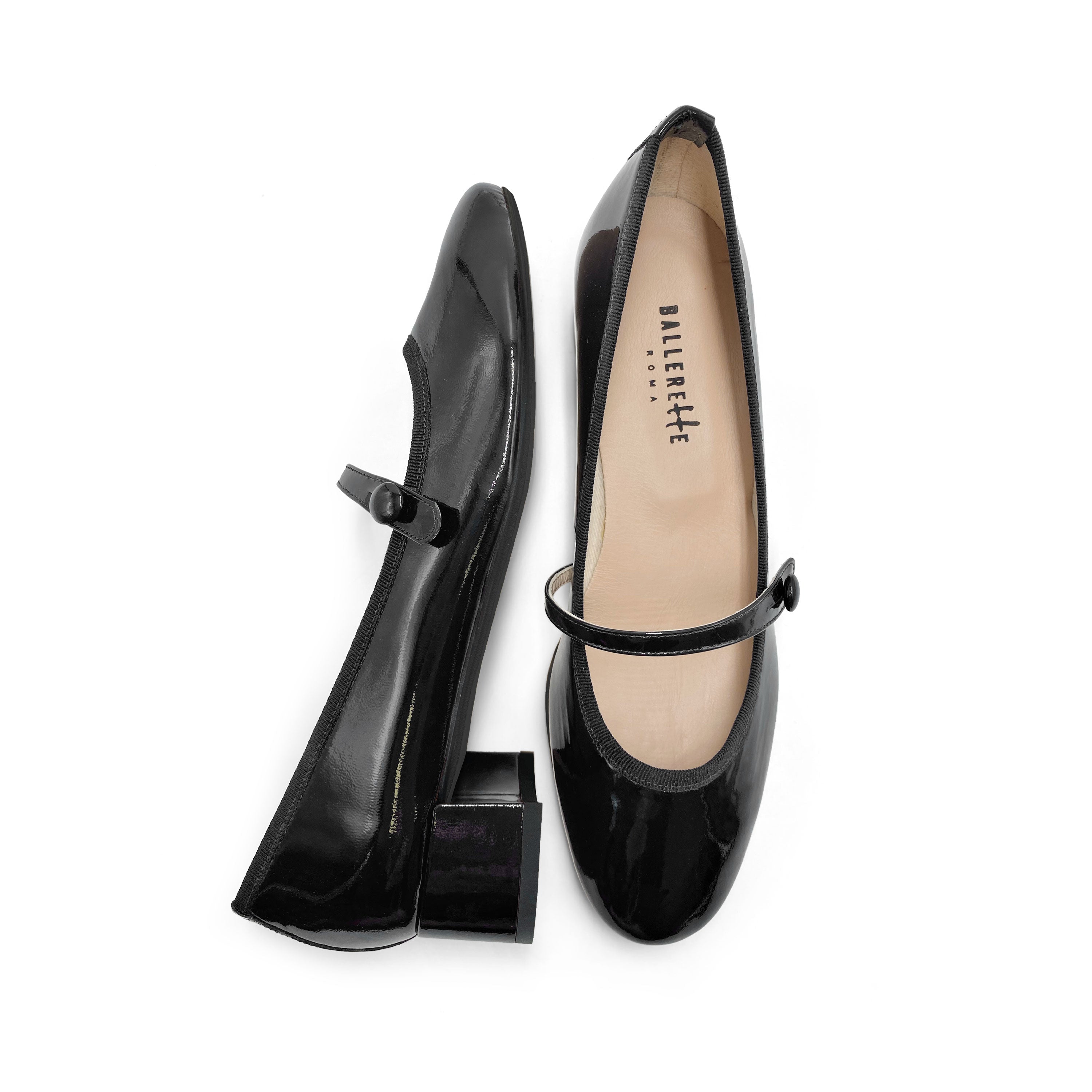 Ballerine Mary Jane nere in vernice con cinturino e tacco
