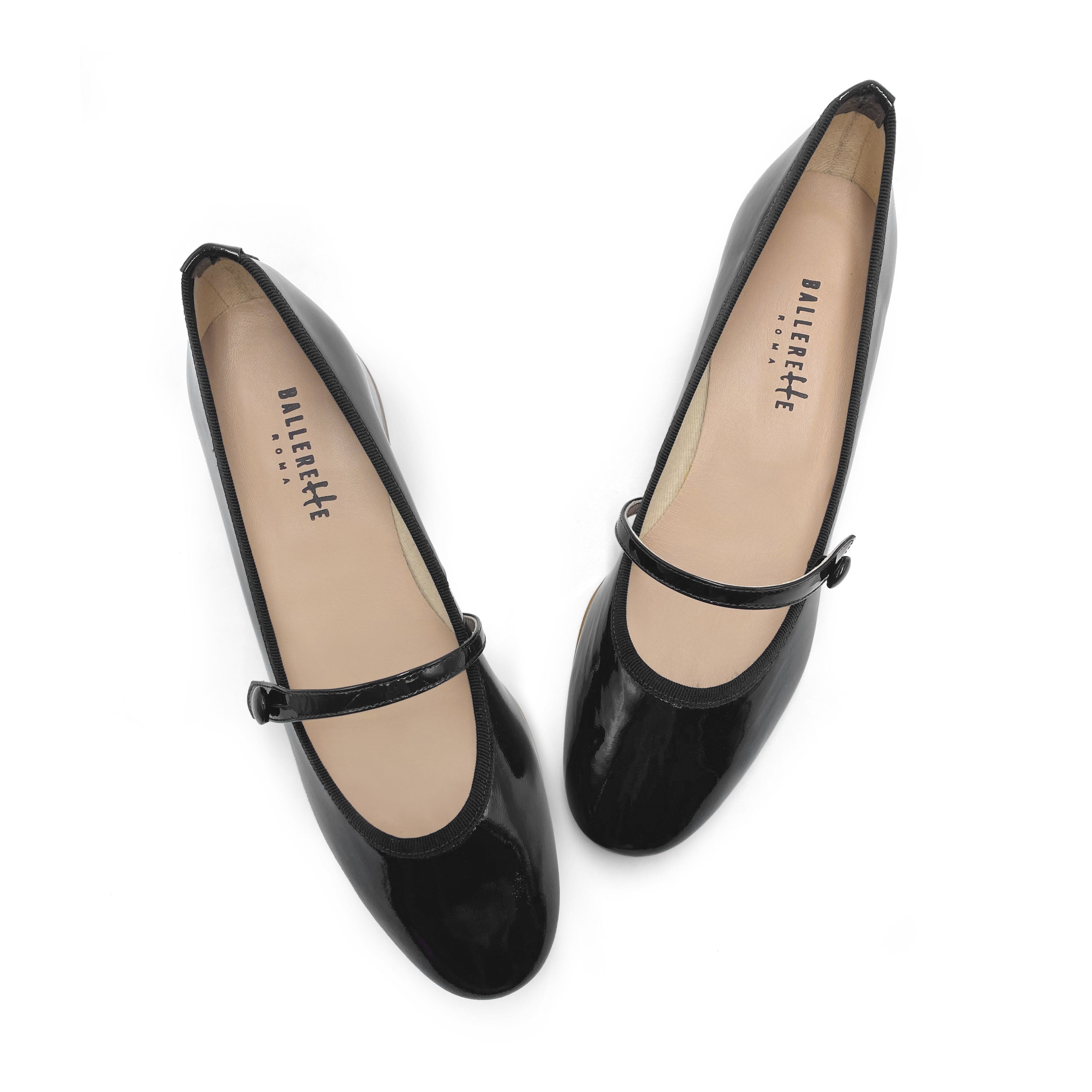 Ballerine Mary Jane nere in vernice con cinturino e tacco