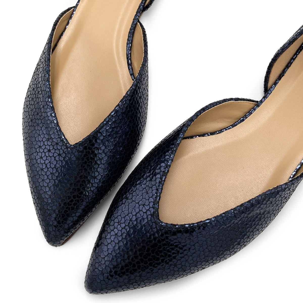 Open blue laminated ballet flats