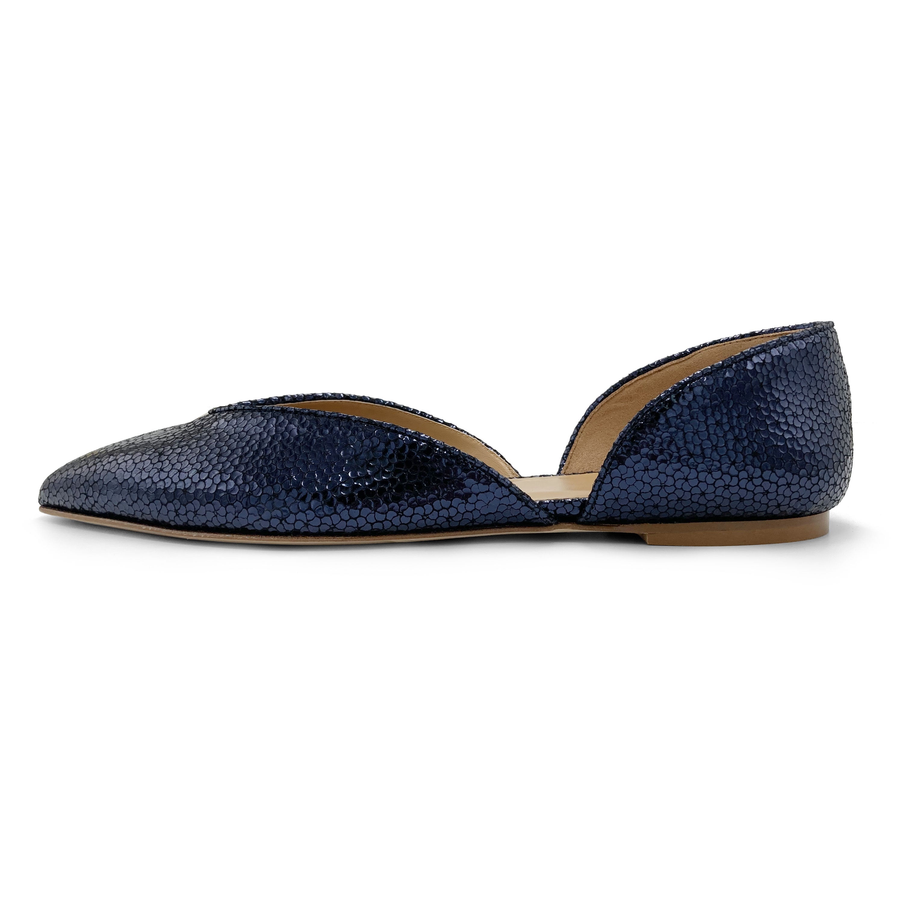 Open blue laminated ballet flats