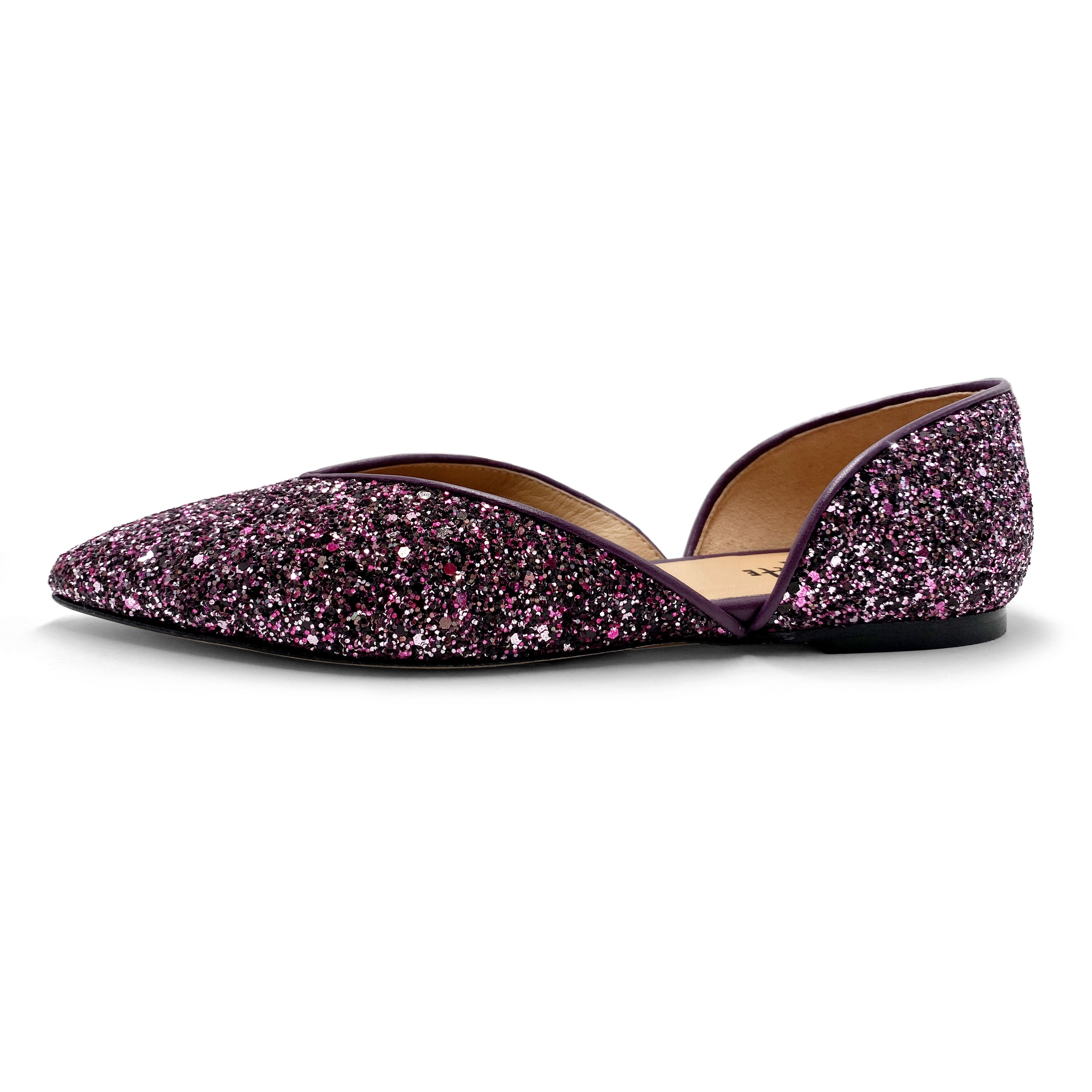 Open ballet flats in lilac glitter