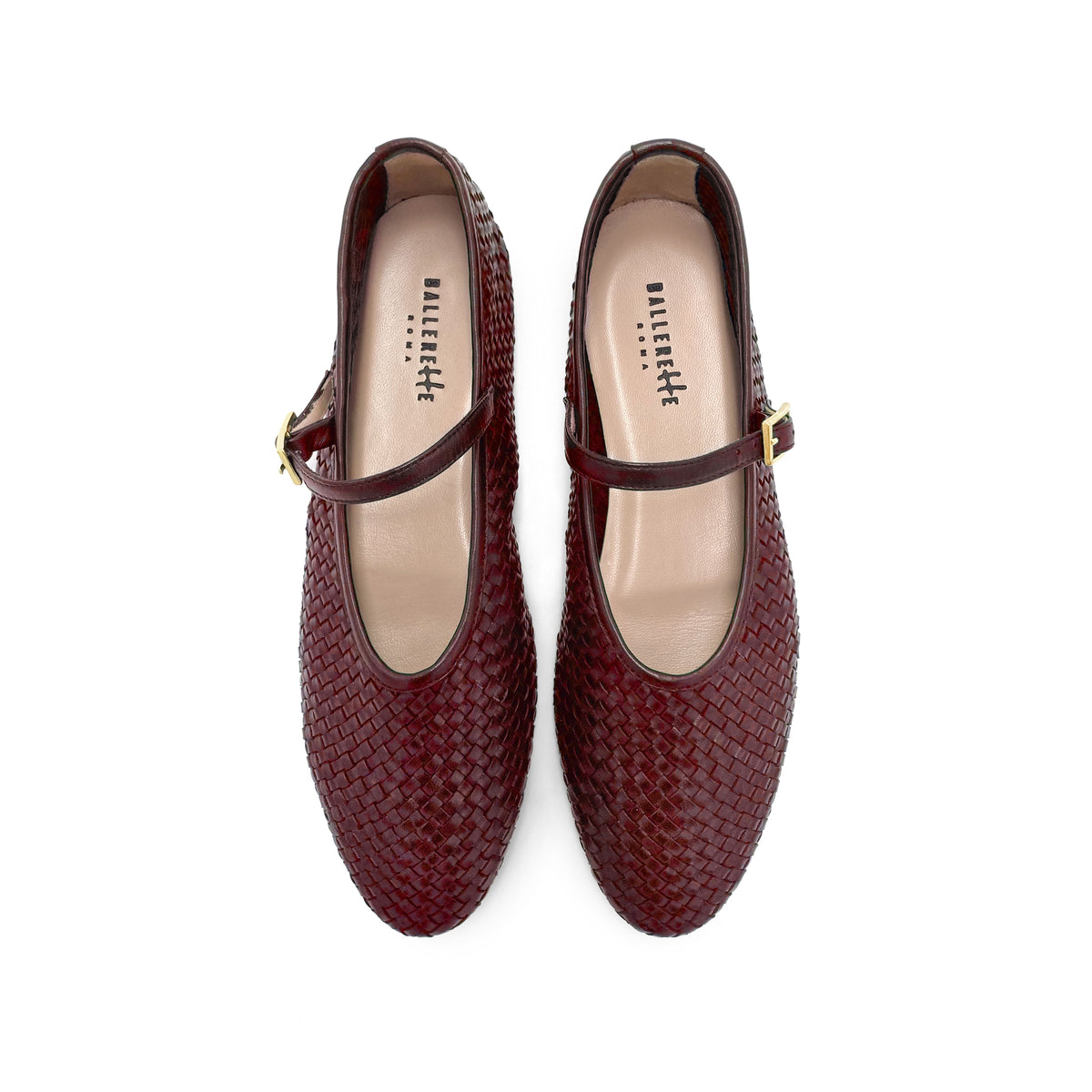 Ballerine bordeaux accollate in pelle intrecciata a mano e cinturino