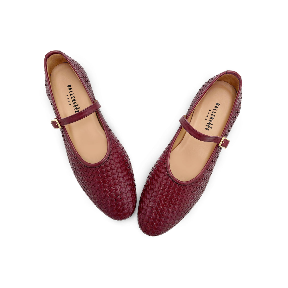 Ballerine Mary Jane bordeaux accollate in pelle intrecciata a mano e cinturino