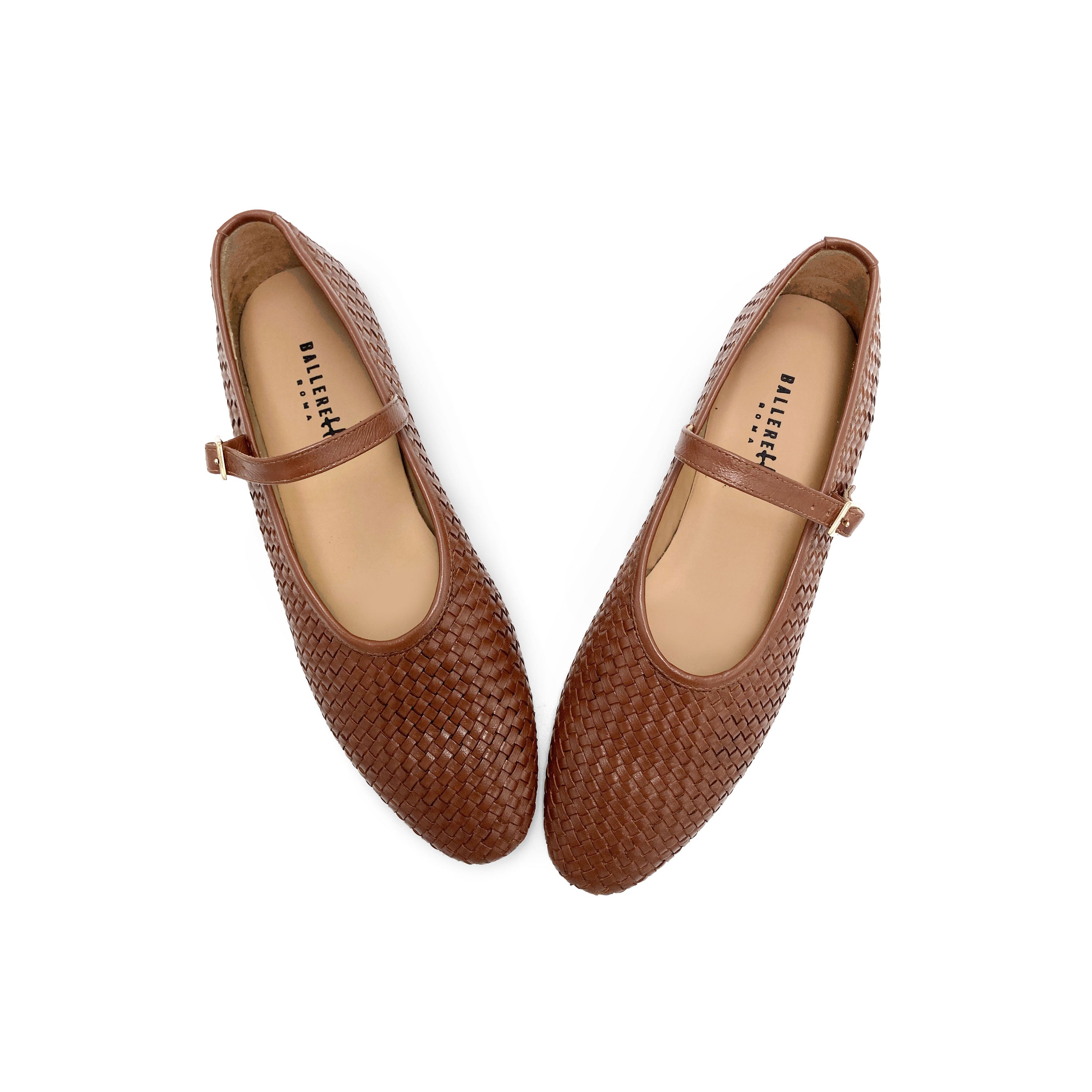 Ballerine Mary Jane marroni accollate in pelle intrecciata a mano e cinturino