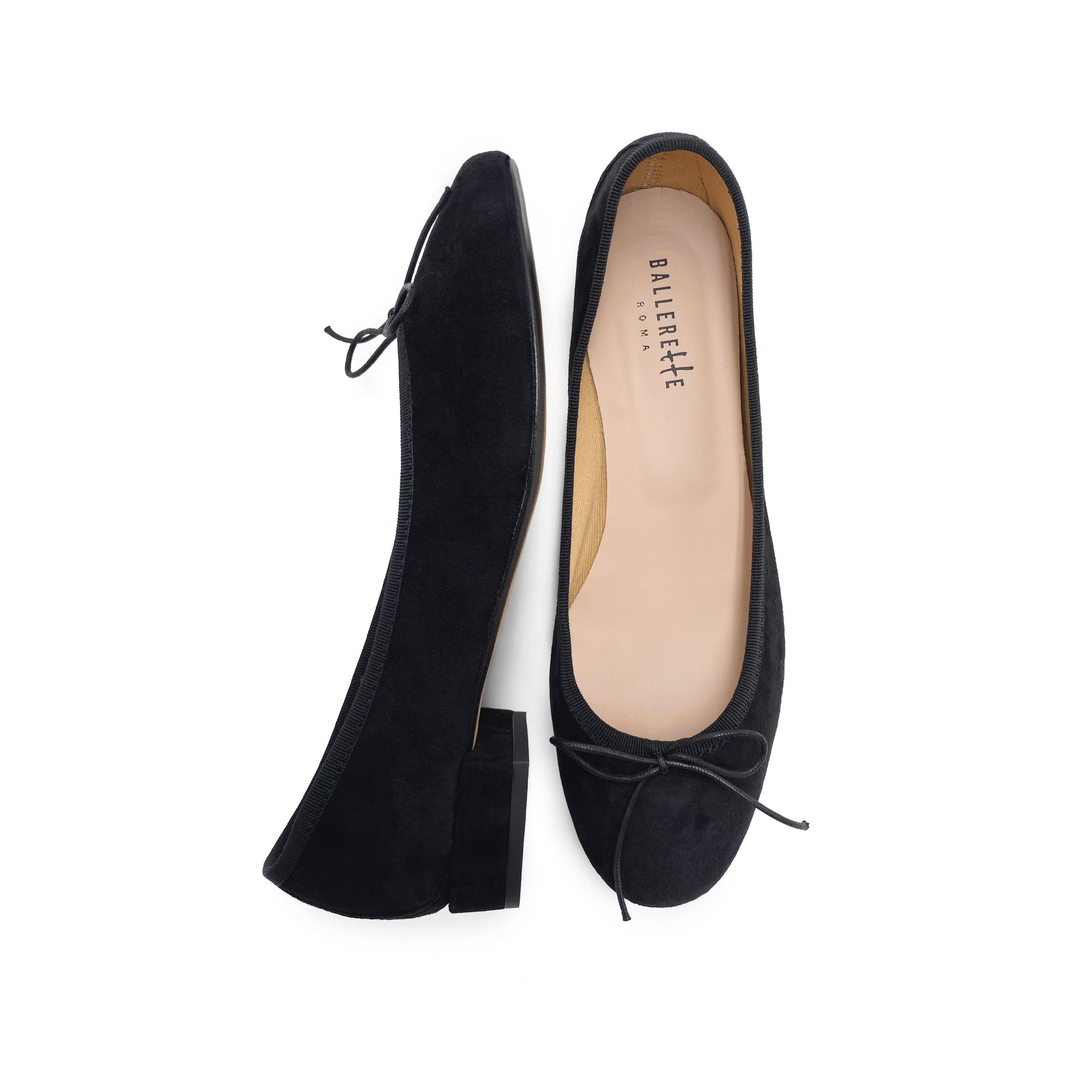 Ballerine nere con tacco in camoscio
