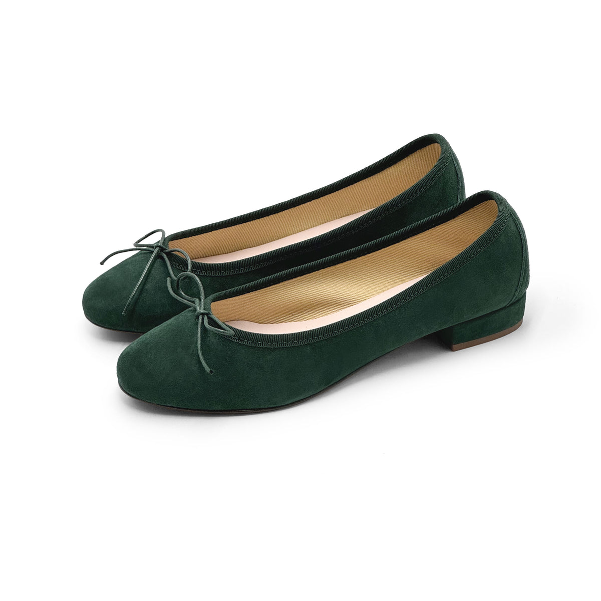 Ballerine con tacco verdi bottiglia in camoscio