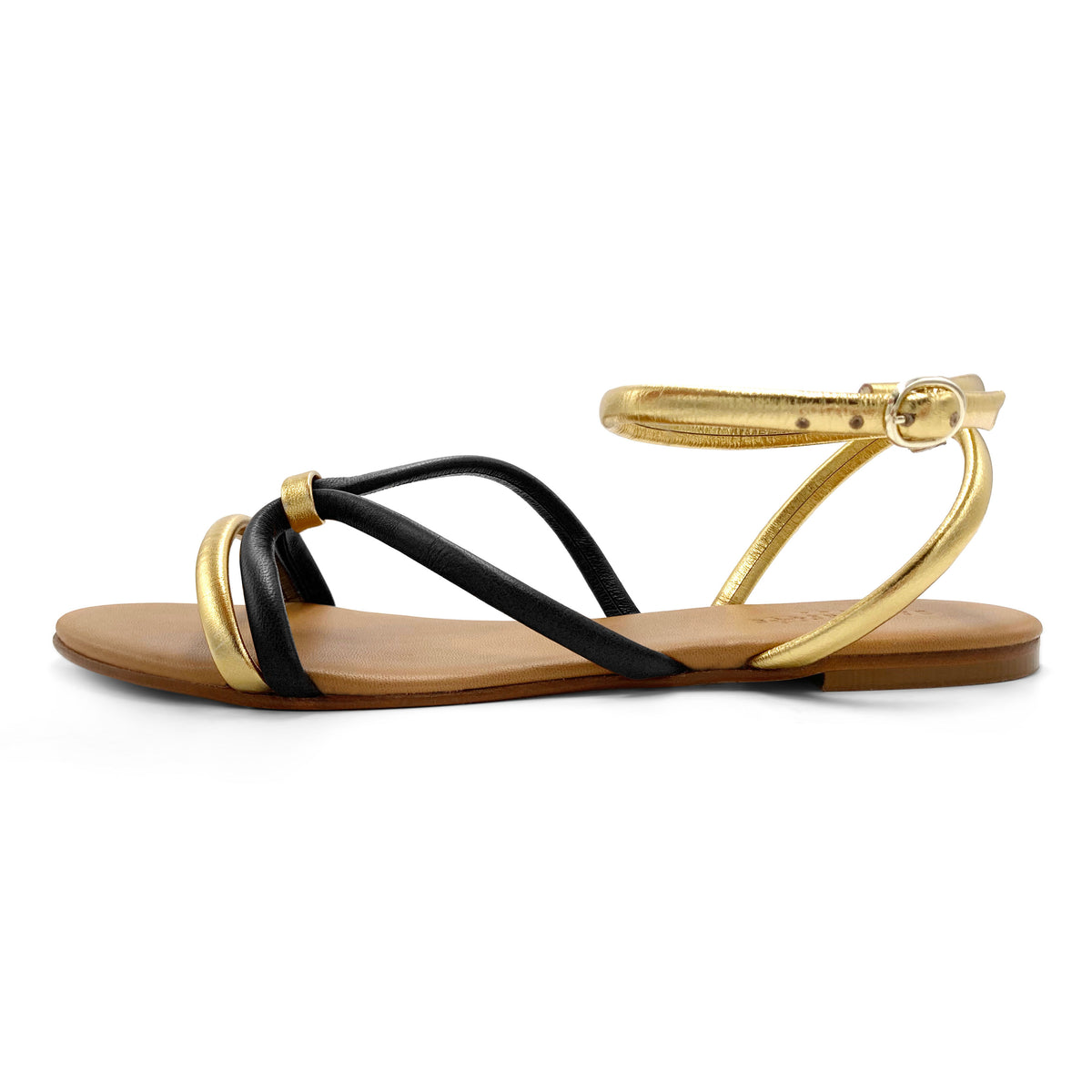 Sandali bassi intrecciati in pelle neri e oro