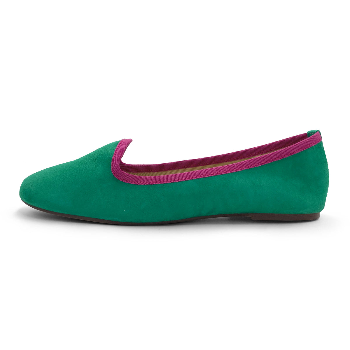 Slippers femme en daim vert émeraude avec détails fuchsia
