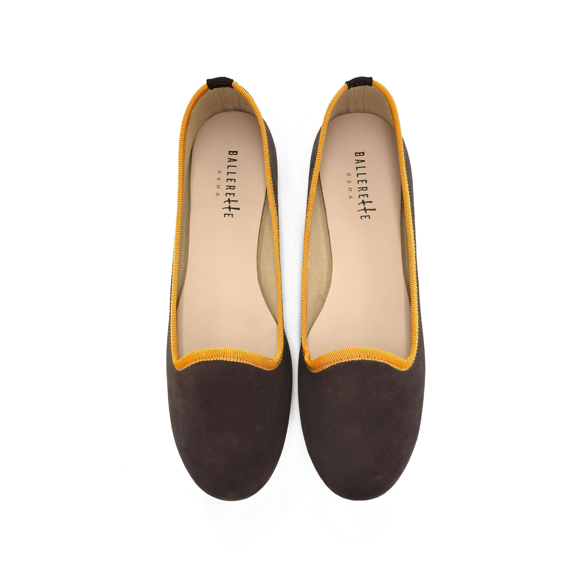 Damen-Loafers aus dunkelbraunem Wildleder mit ockerfarbenen Details