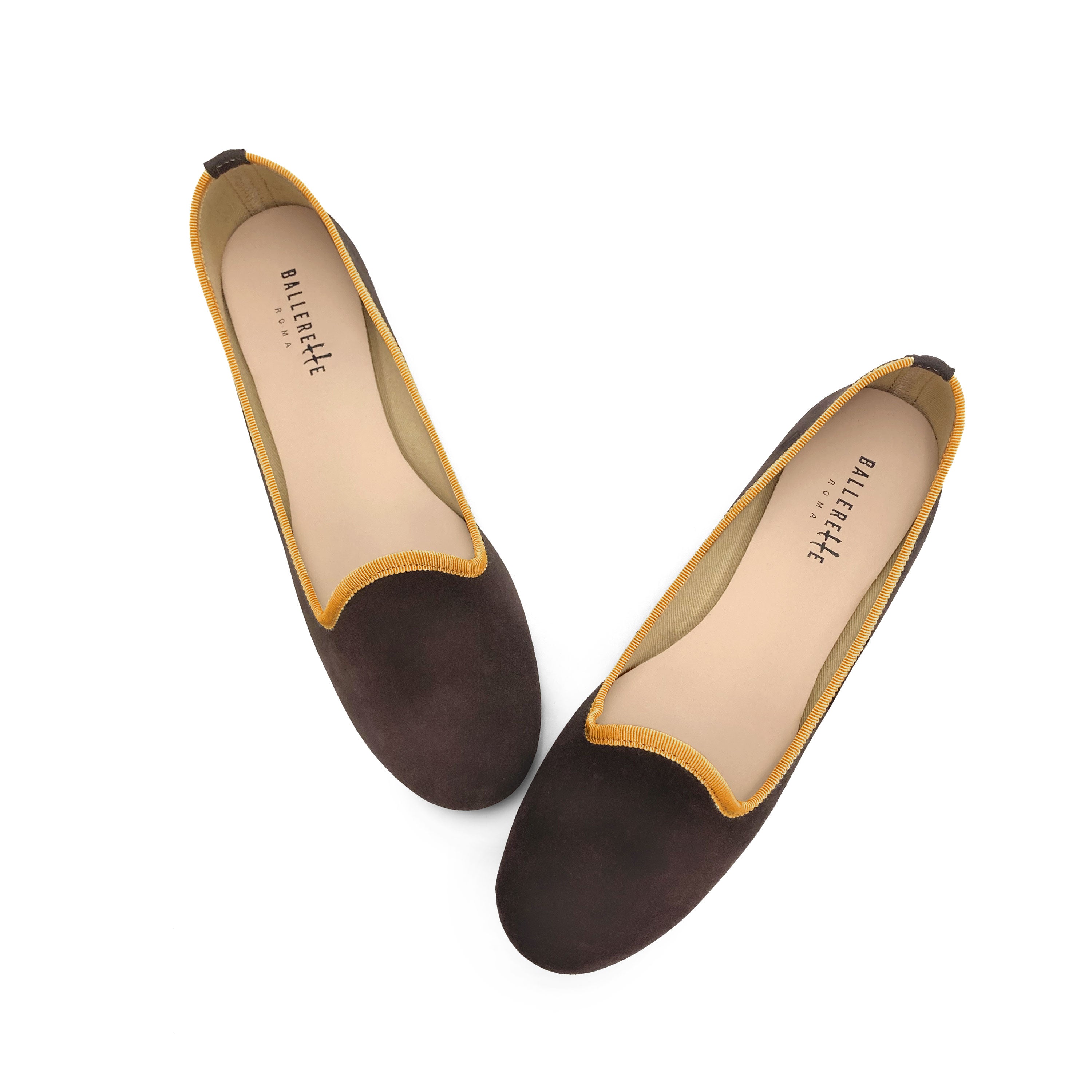 Damen-Loafers aus dunkelbraunem Wildleder mit ockerfarbenen Details