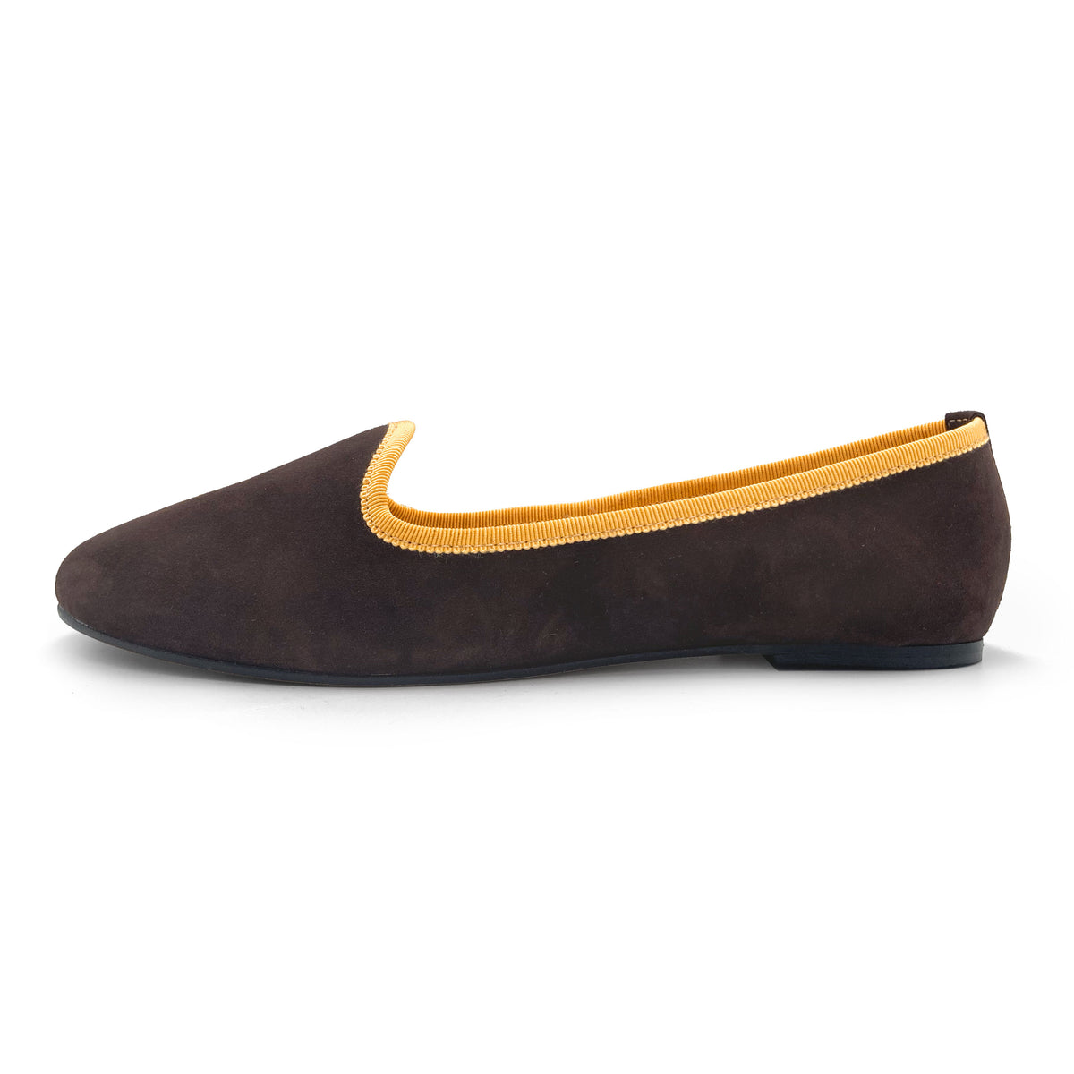 Damen-Loafers aus dunkelbraunem Wildleder mit ockerfarbenen Details