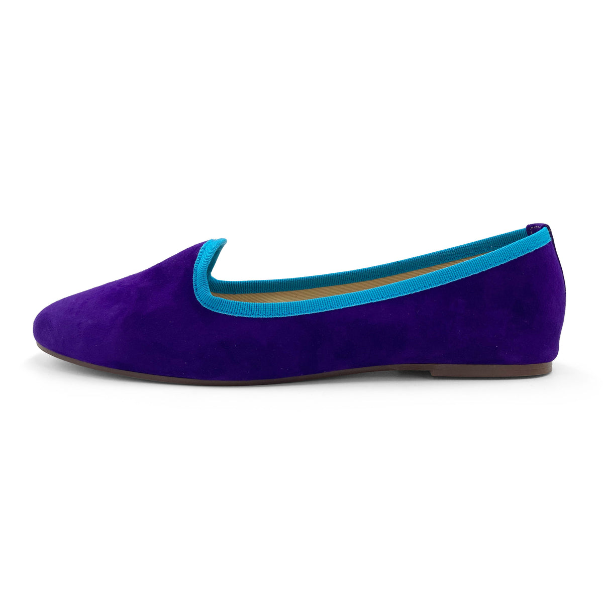 Slippers femme en daim violet avec détails bleu aqua