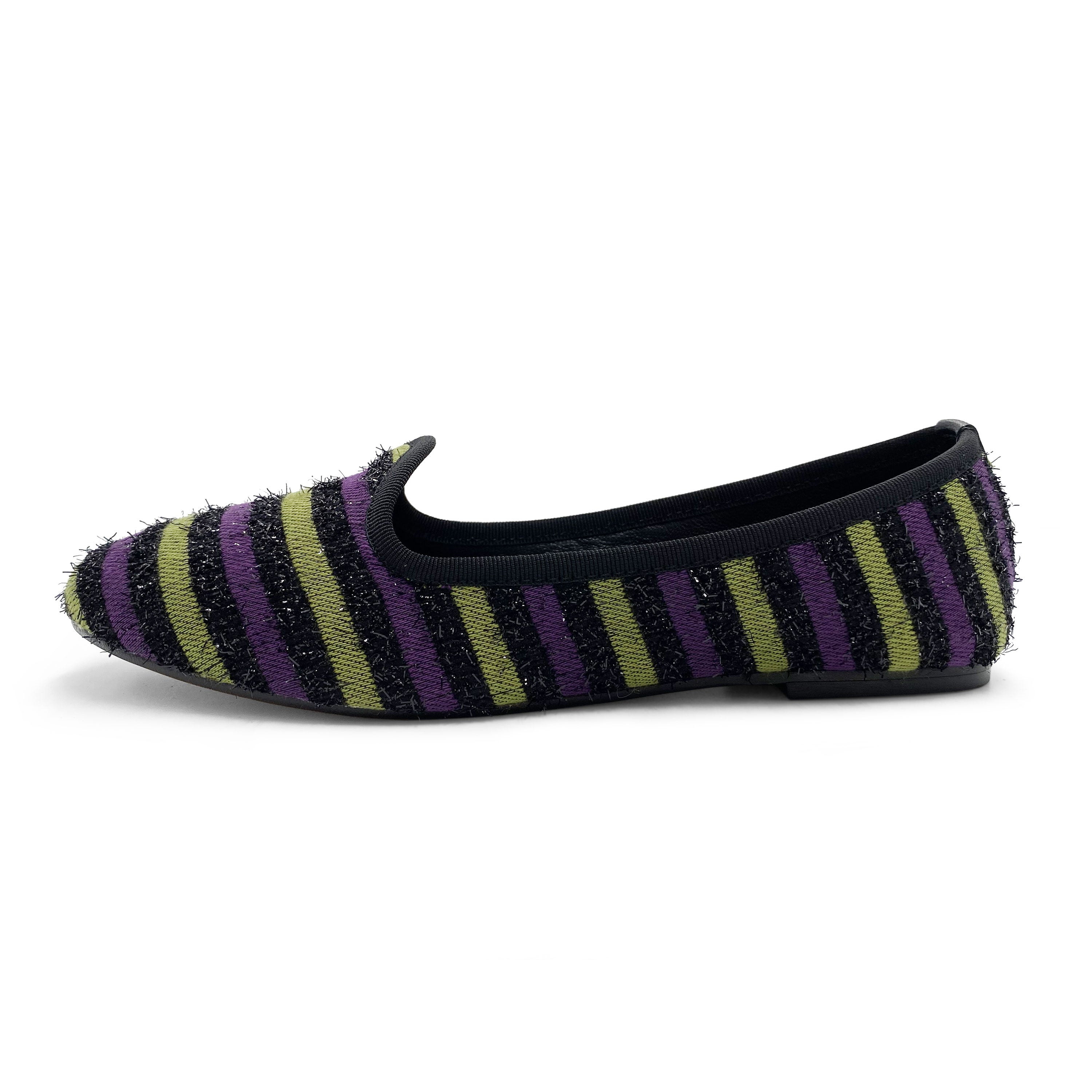 Slippers femme en tissu rayé violet et vert