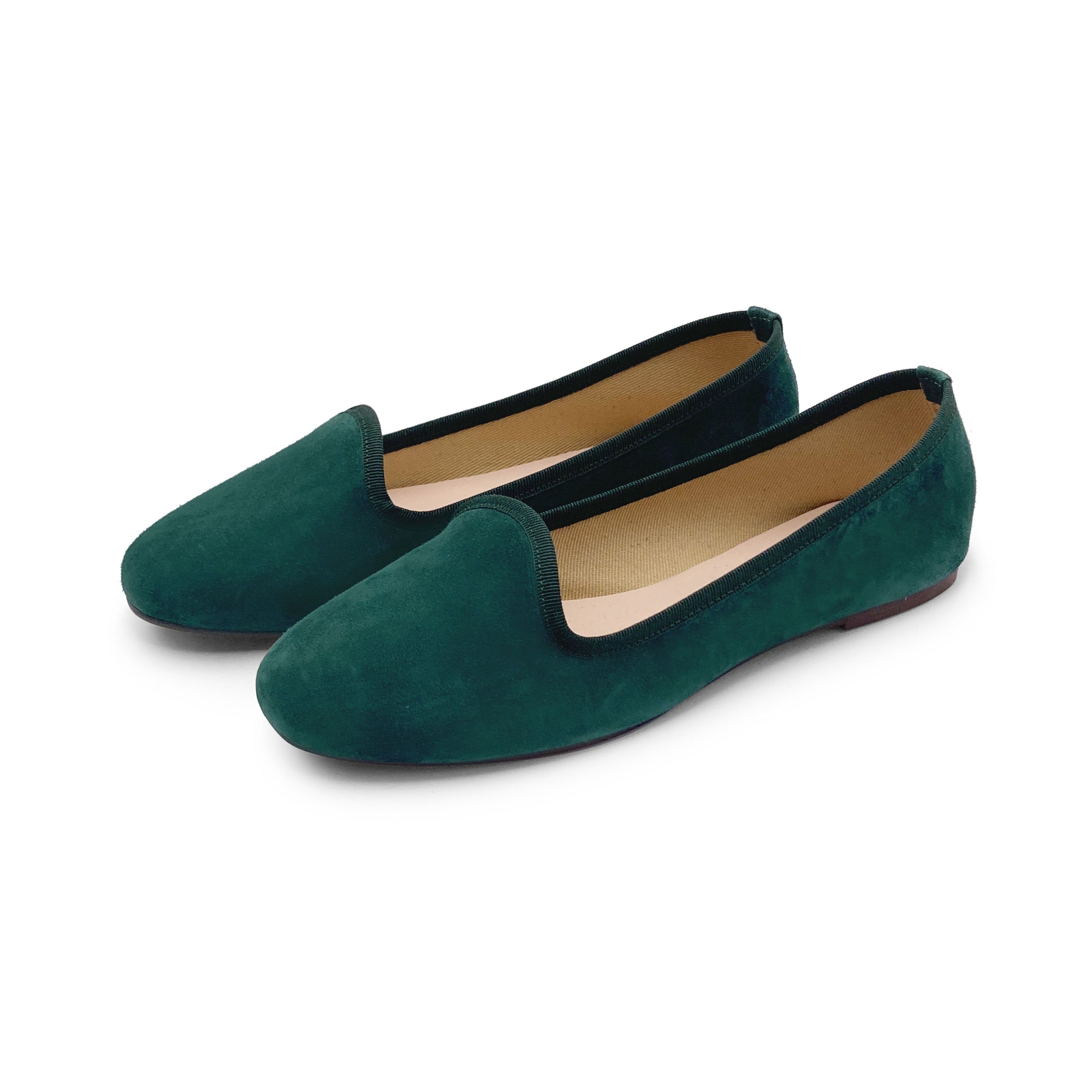 Flaschengrüne Damen-Slipper aus Wildleder
