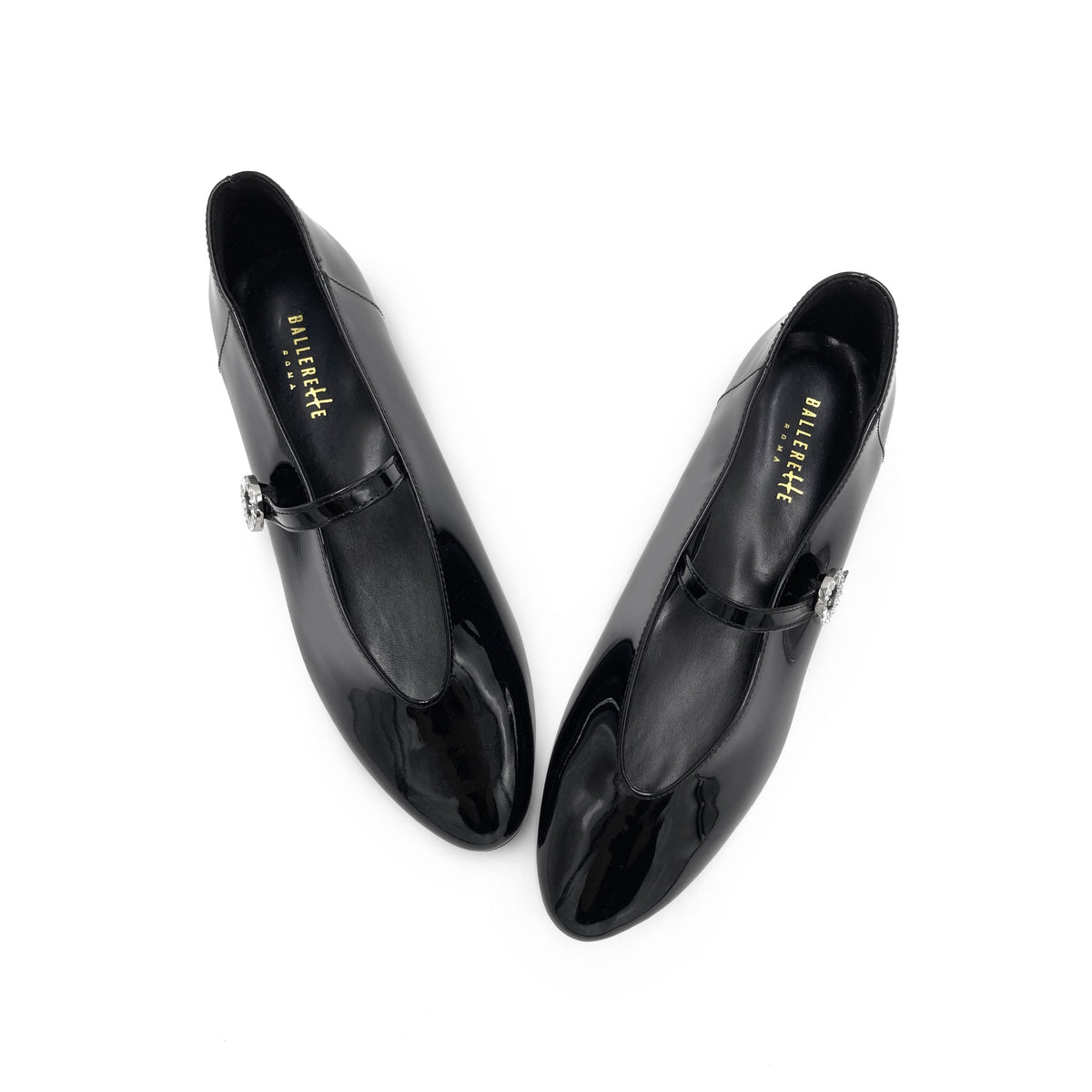 Ballerine Mary Jane nere in vernice con scollo a V e cinturino gioiello