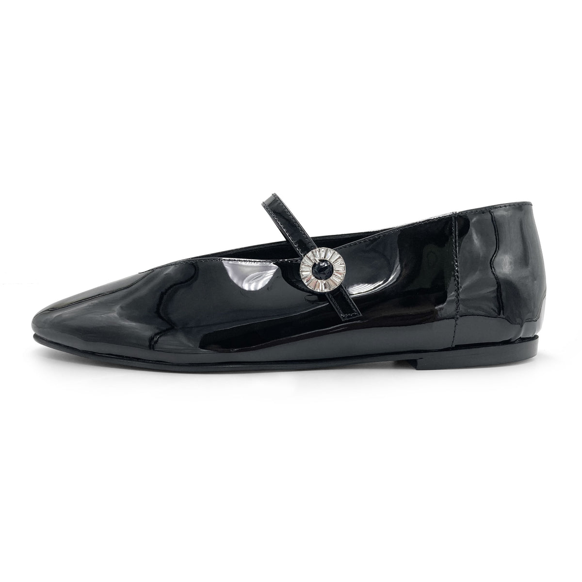 Schwarze Lack‑Mary‑Jane‑Ballerinas mit V‑Ausschnitt und Schmuckriemchen