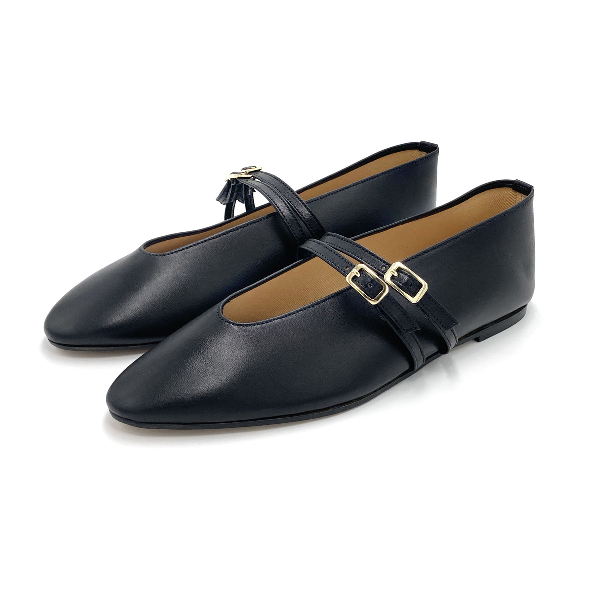Schwarze Ballerinas aus Leder mit V-Ausschnitt und Riemen
