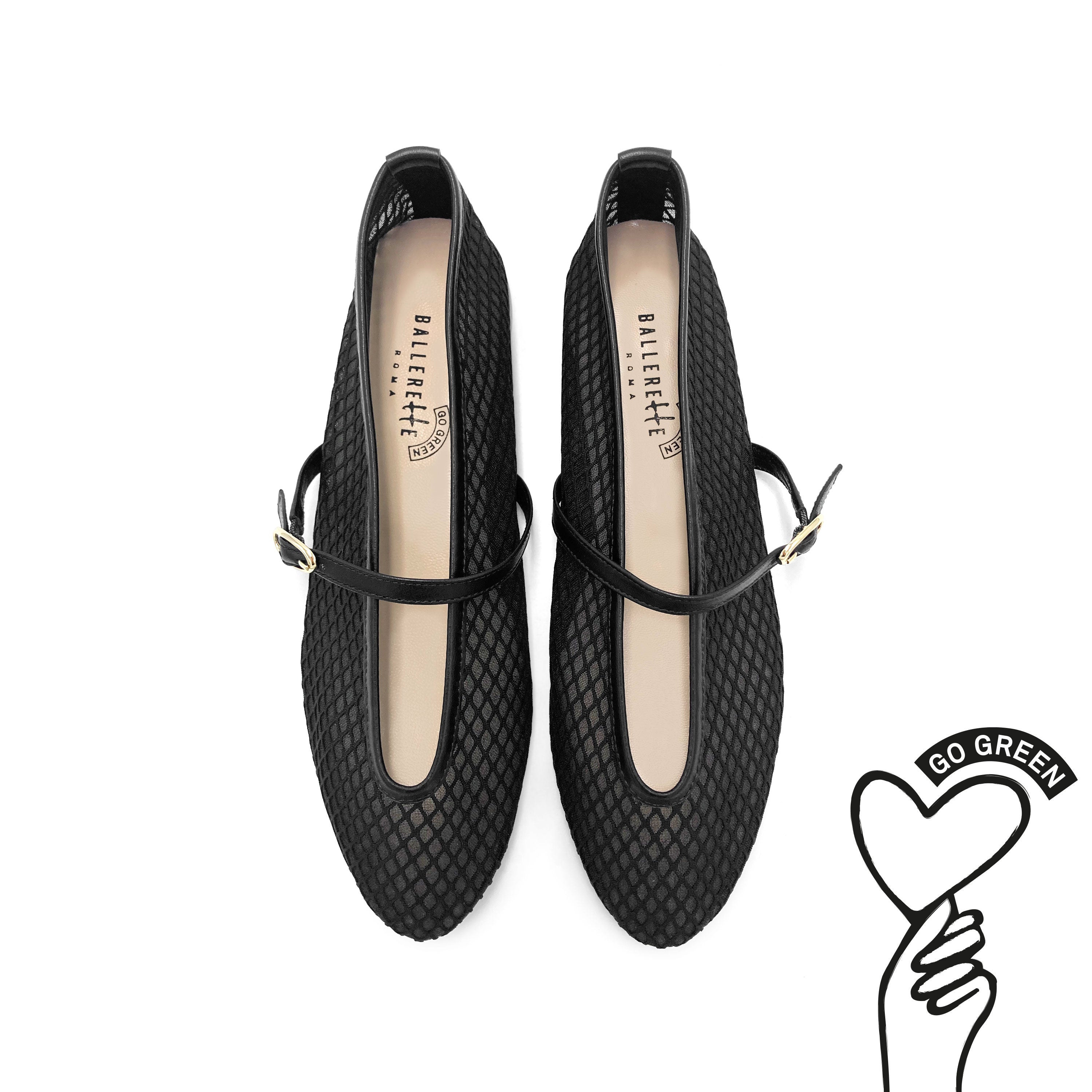 TT GO GREEN Collection - Ballerine mesh trasparenti nere in tessuto ECO a rete con cinturino