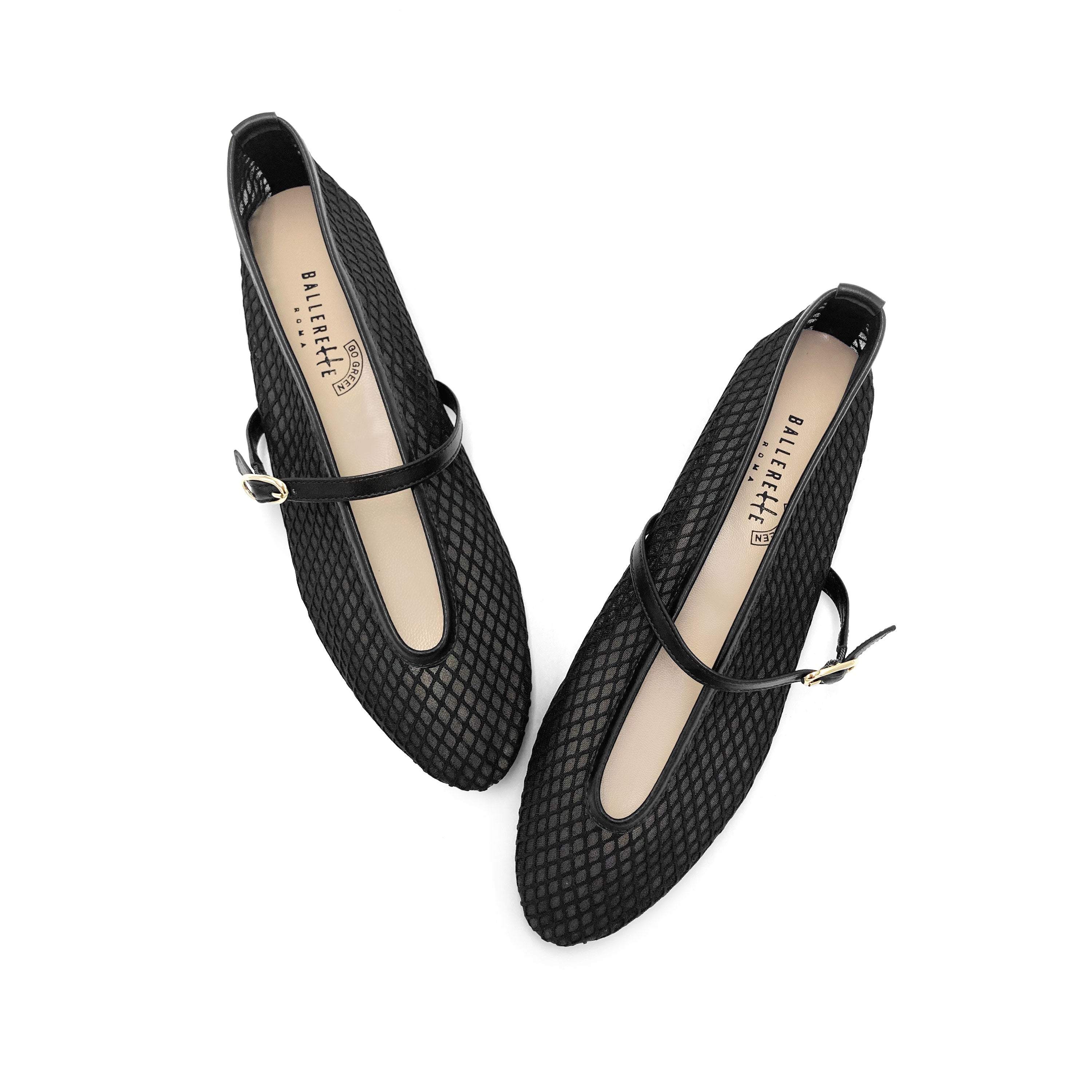 TT GO GREEN Collection - Ballerine mesh trasparenti nere in tessuto ECO a rete con cinturino