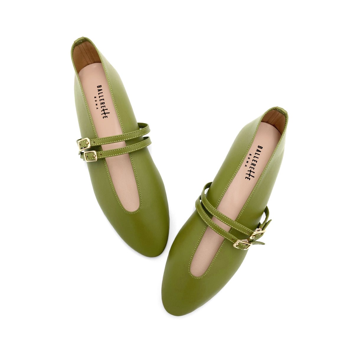 Ballerine verdi oliva in pelle con scollo a V e cinturini