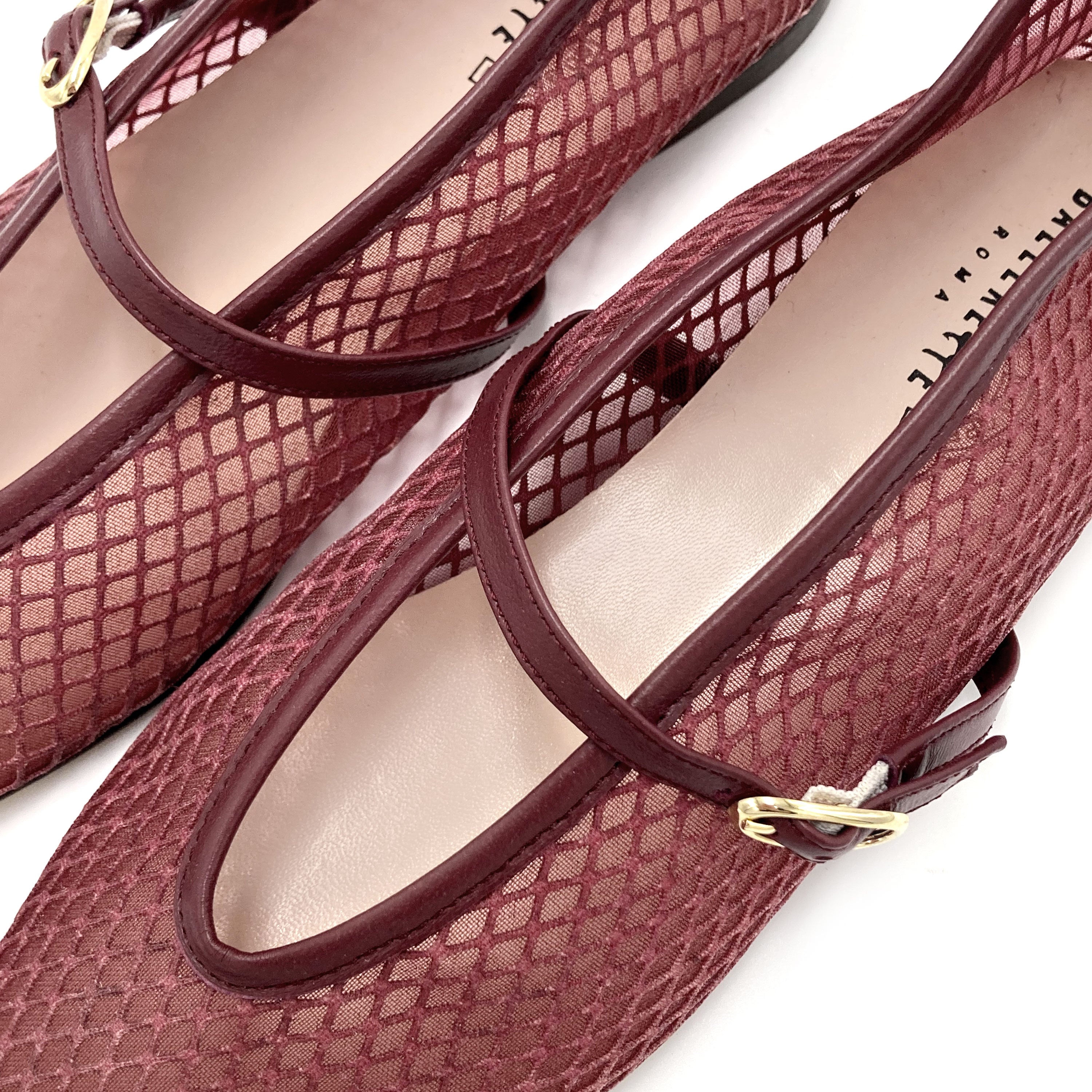 Plum transparent mesh ballet flats in eco recycled fabric