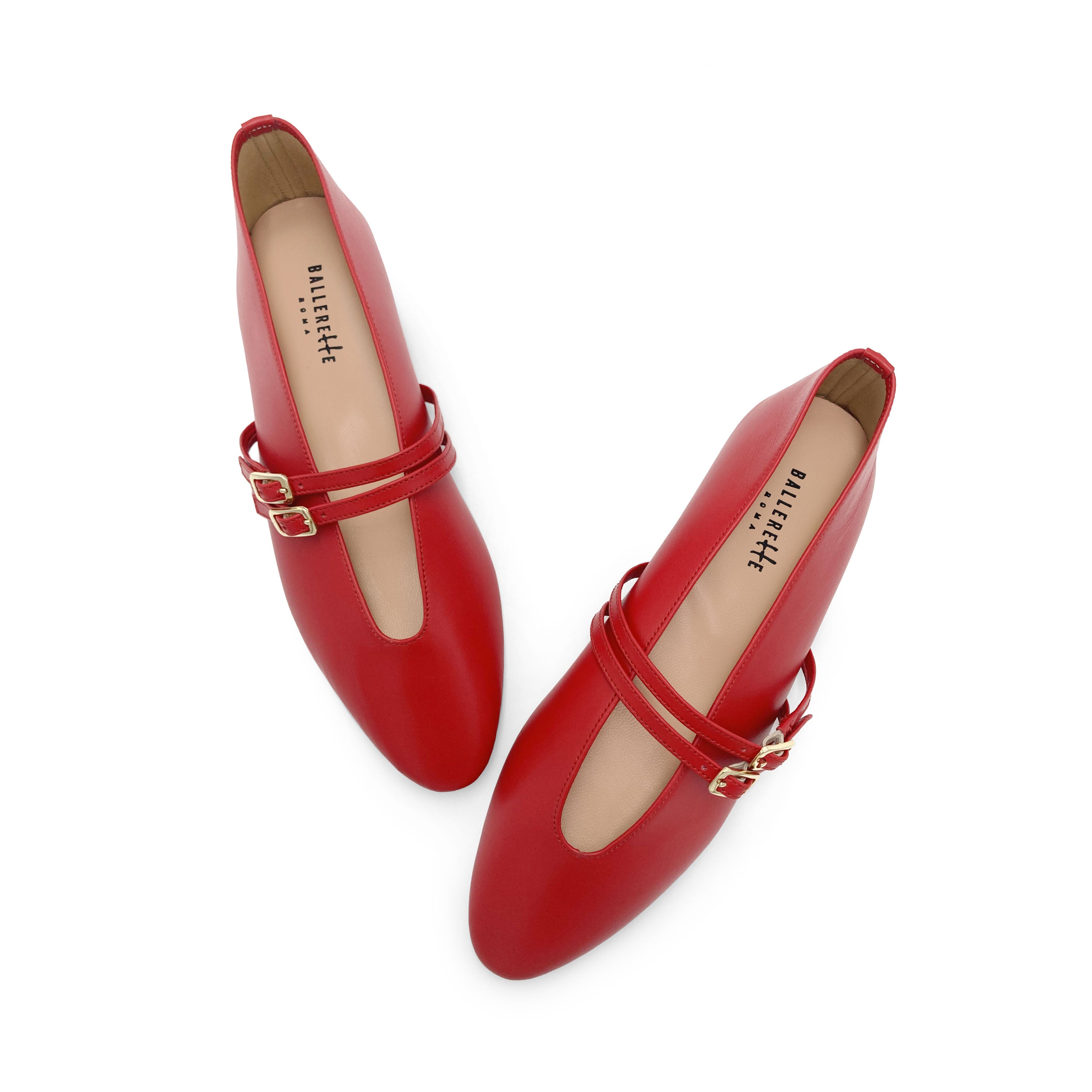 Ballerine rosse in pelle con scollo a V e cinturini