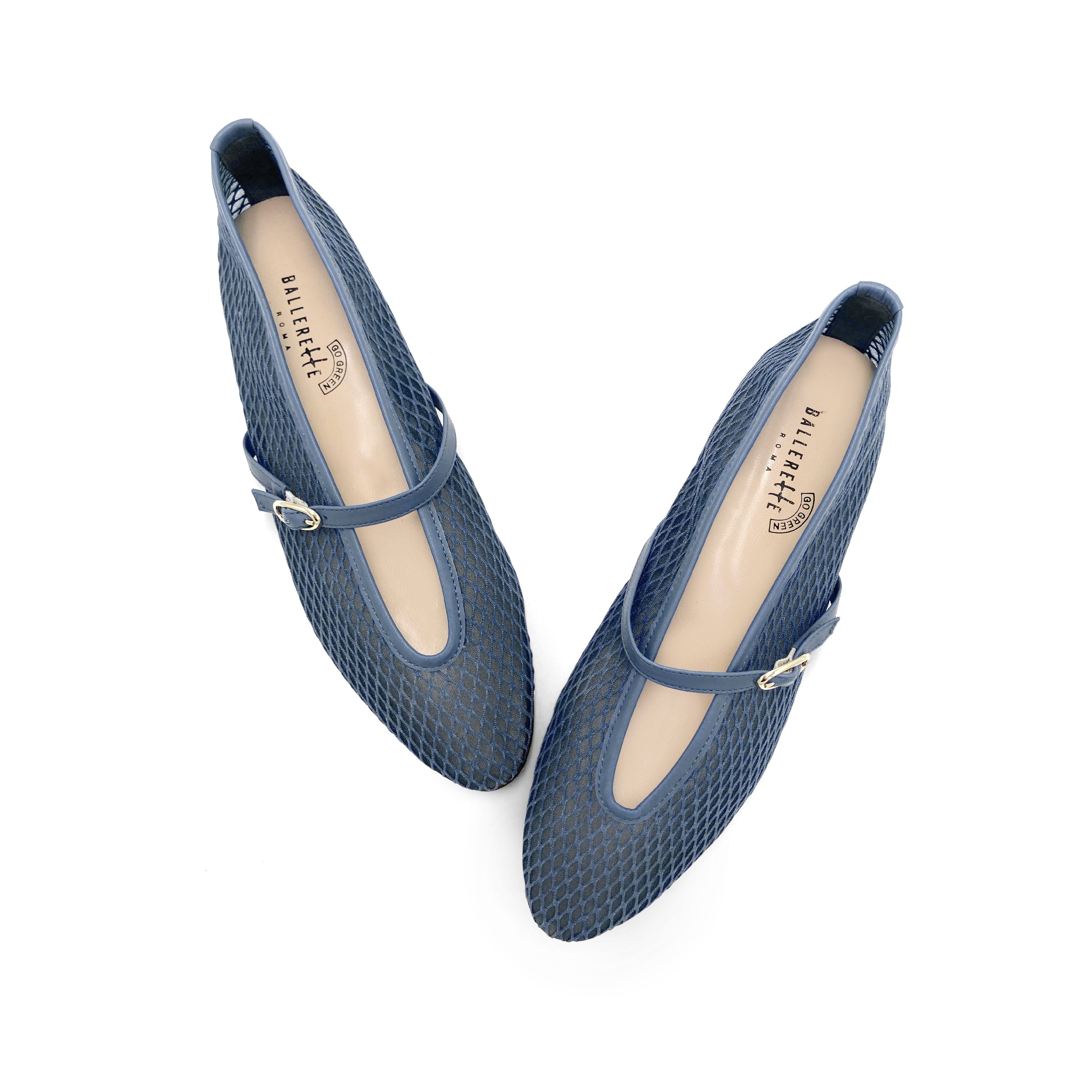 TT GO GREEN Collection - Ballerine mesh trasparenti blu jeans in tessuto ECO a rete con cinturino
