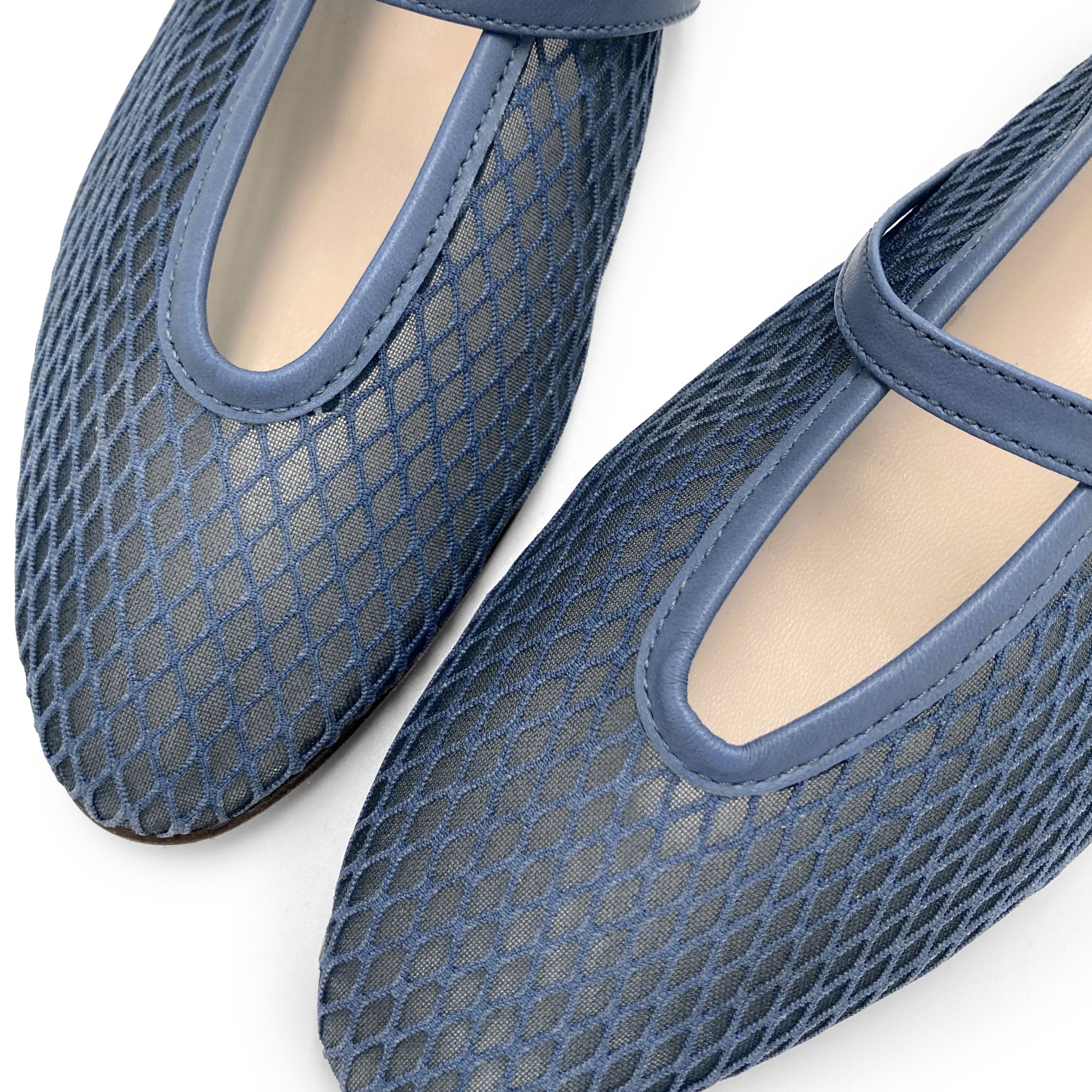 Blue denim transparent mesh ballet flats in eco recycled fabric
