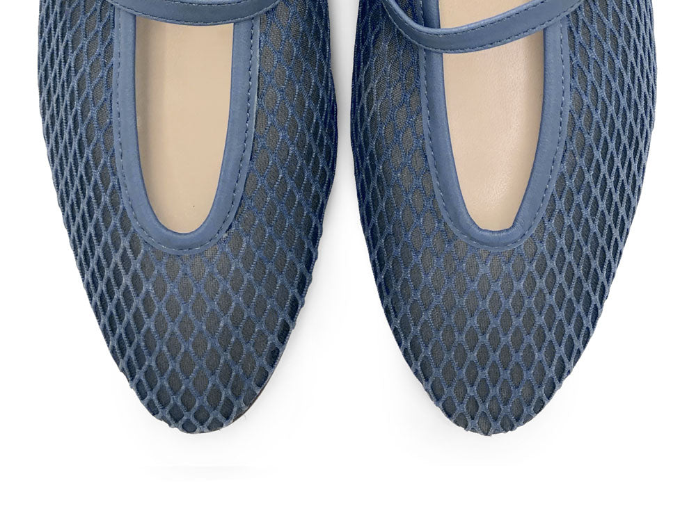 TT GO GREEN Collection - Ballerine mesh trasparenti blu jeans in tessuto ECO a rete con cinturino