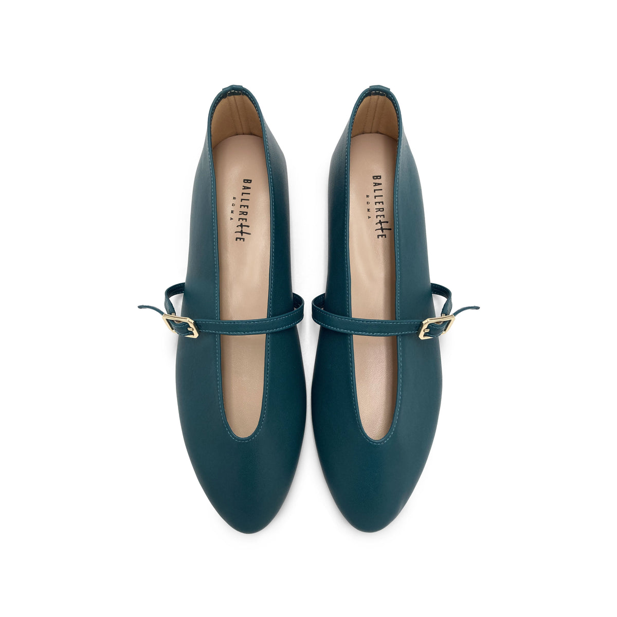 Ballerine blu petrolio in pelle con scollo a V e cinturino