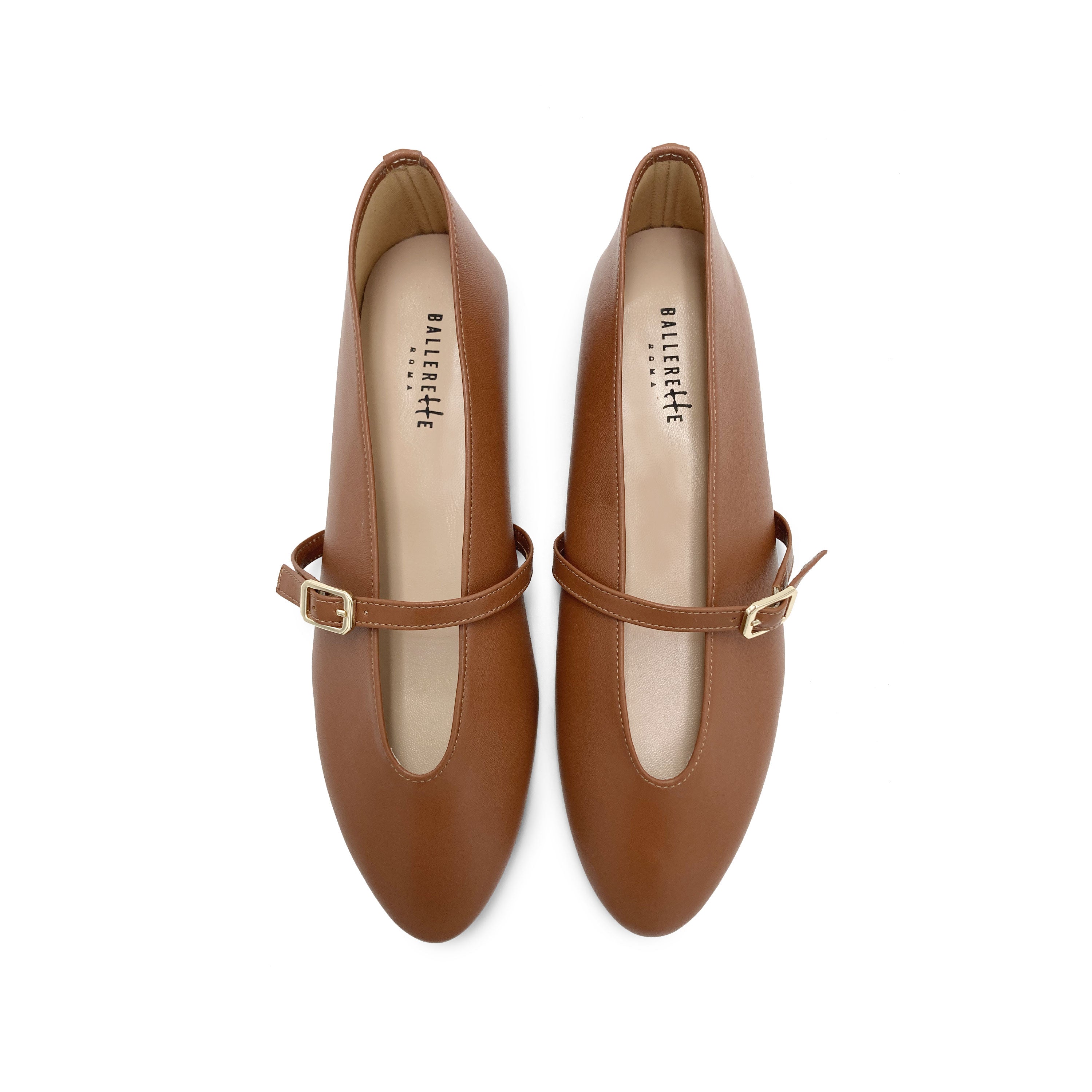 Ballerine marroni in pelle con scollo a V e cinturino