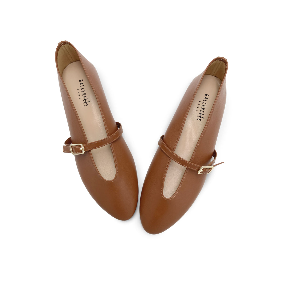 Ballerine marroni in pelle con scollo a V e cinturino