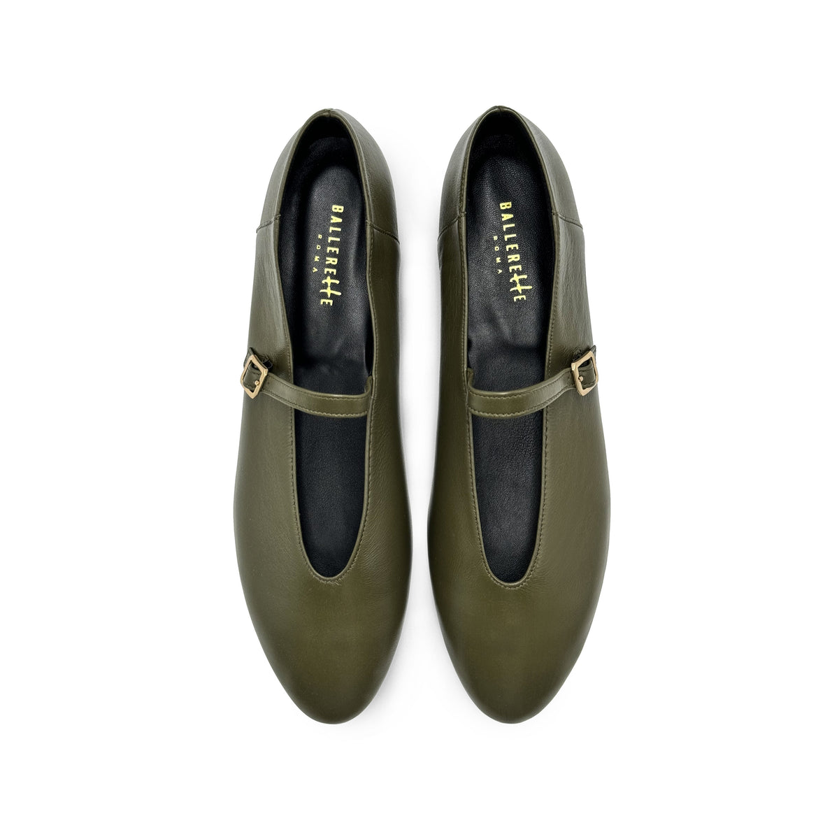 Ballerine verdi oliva in pelle con scollo a V e cinturino
