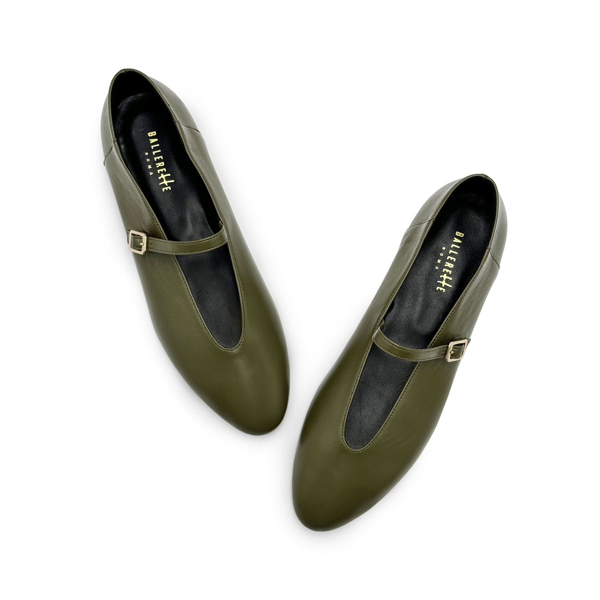 Ballerine verdi oliva in pelle con scollo a V e cinturino