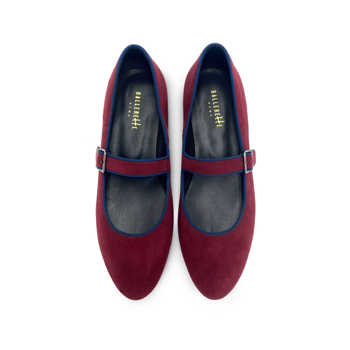 Ballerine Mary Jane bordeaux e blu in camoscio con cinturino