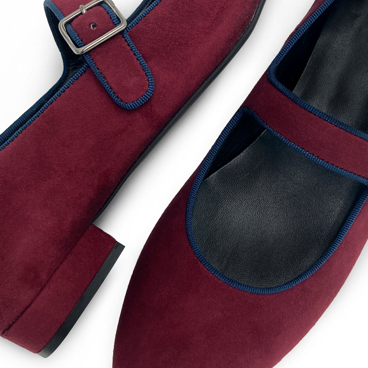 Ballerine Mary Jane bordeaux e blu in camoscio con cinturino
