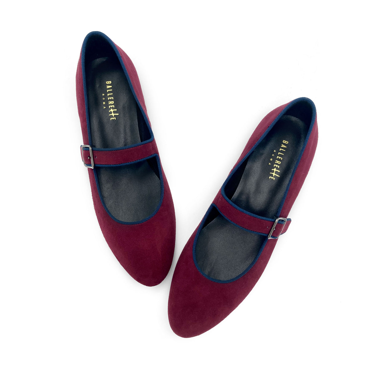 Ballerine Mary Jane bordeaux e blu in camoscio con cinturino