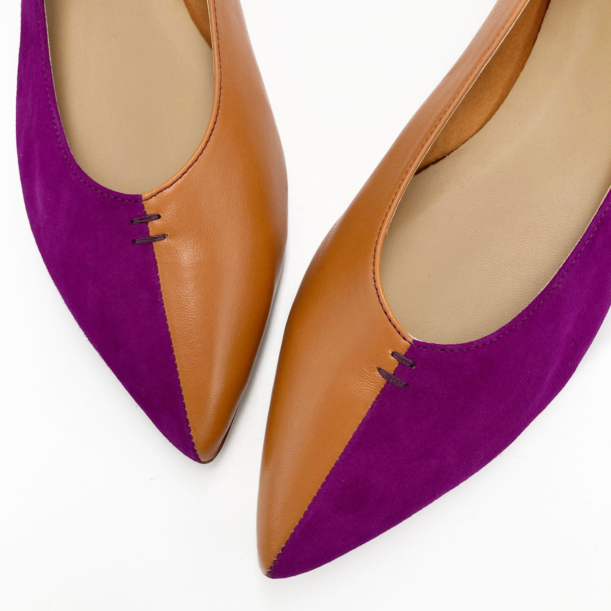 Bicolor pointed toe ballet flats brown and purple
