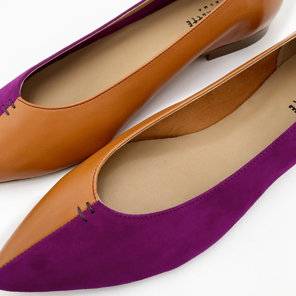 Bicolor pointed toe ballet flats brown and purple