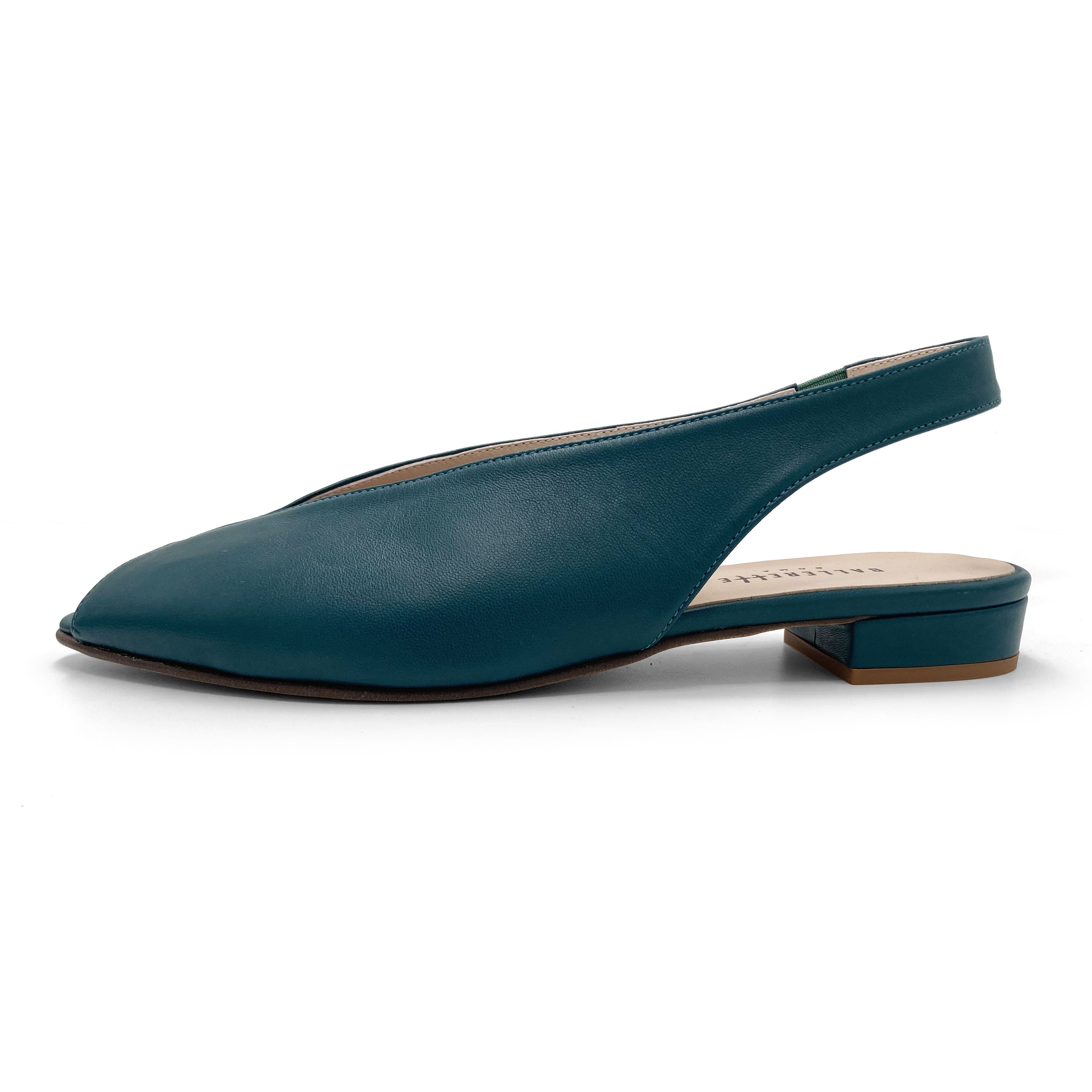 Petrolblaue Open-Toe Slingbacks aus Leder