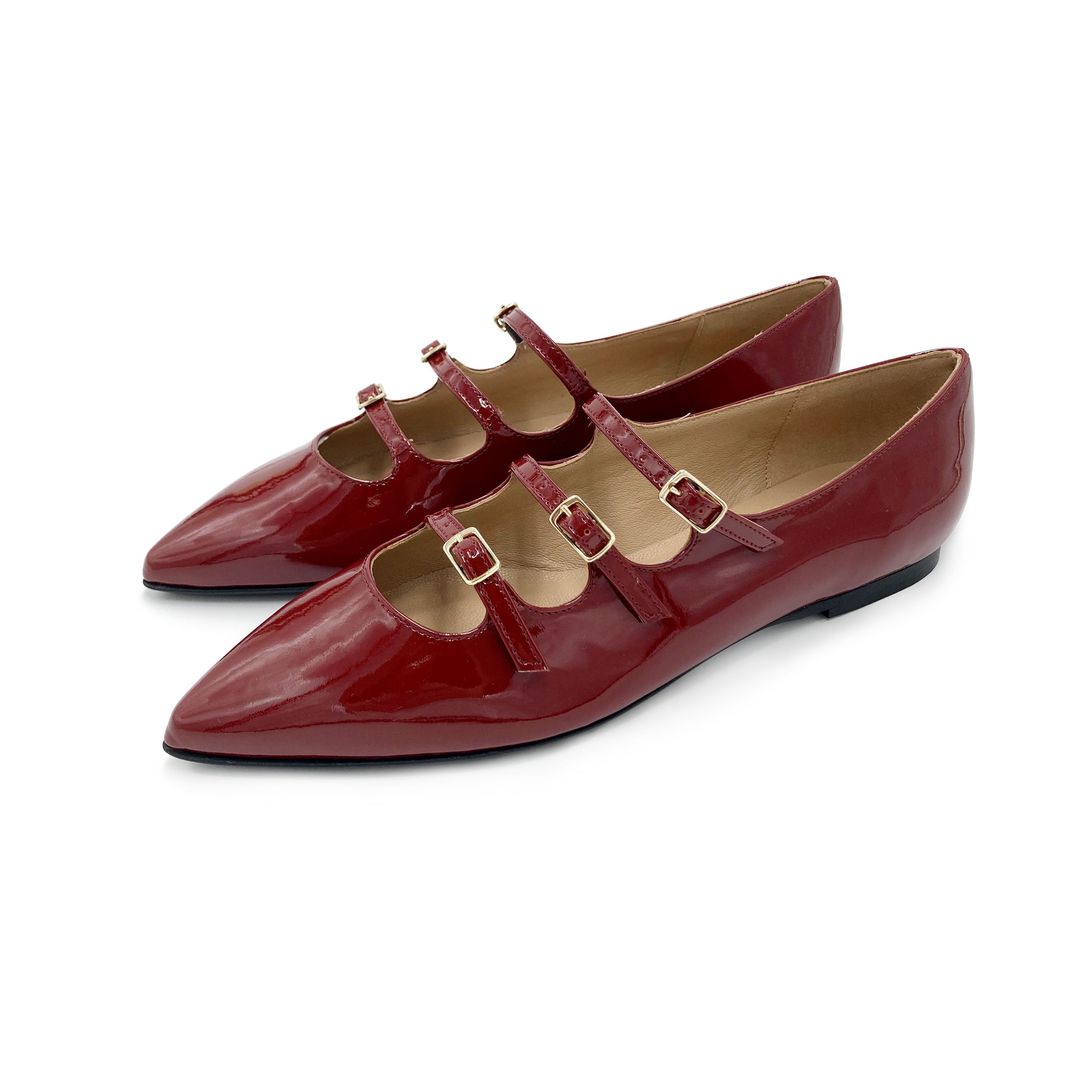 Ballerines rouges pointues brillantes avec trois brides