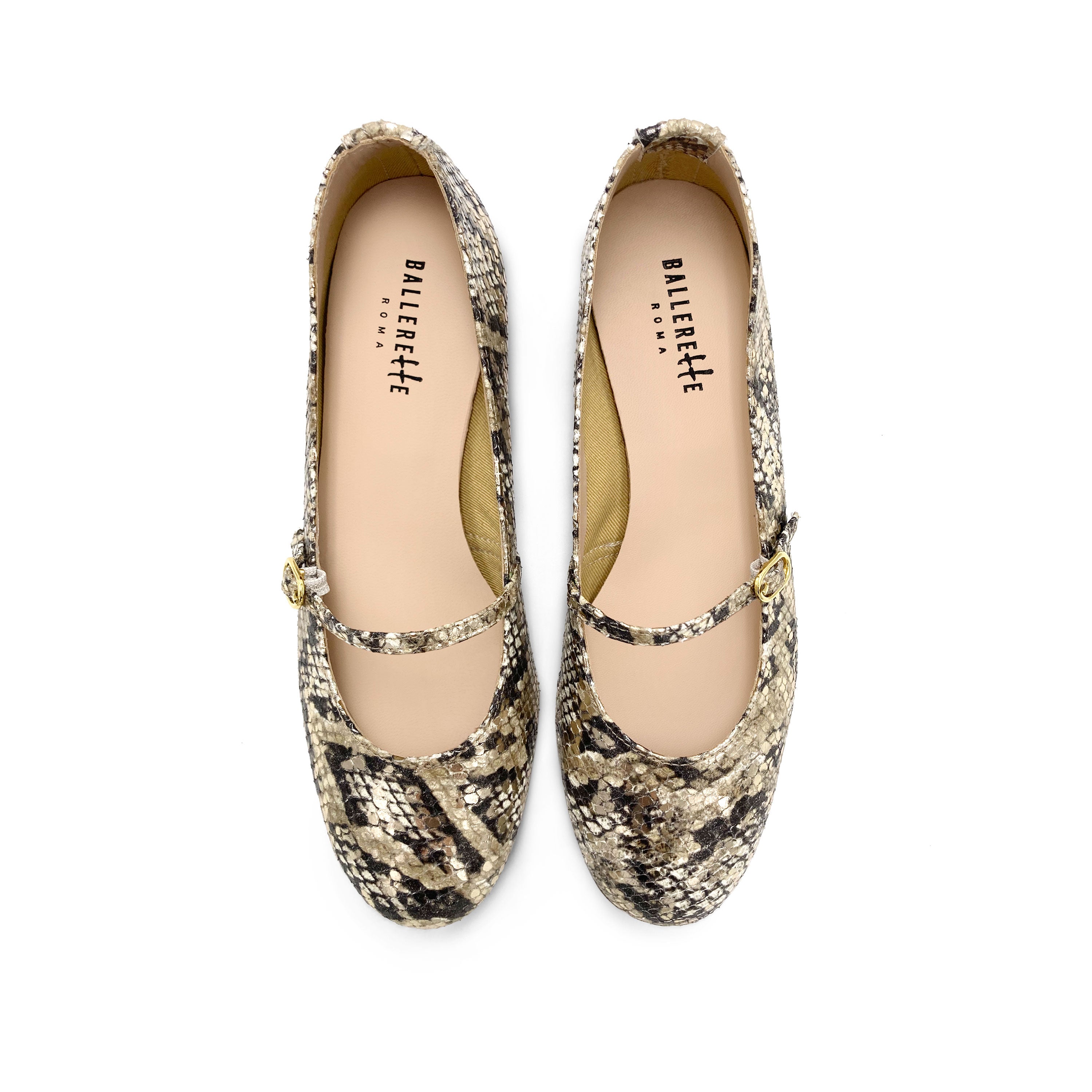 Mary Jane Ballerinas aus Schlangenleder-Print mit Riemen und hohem Absatz