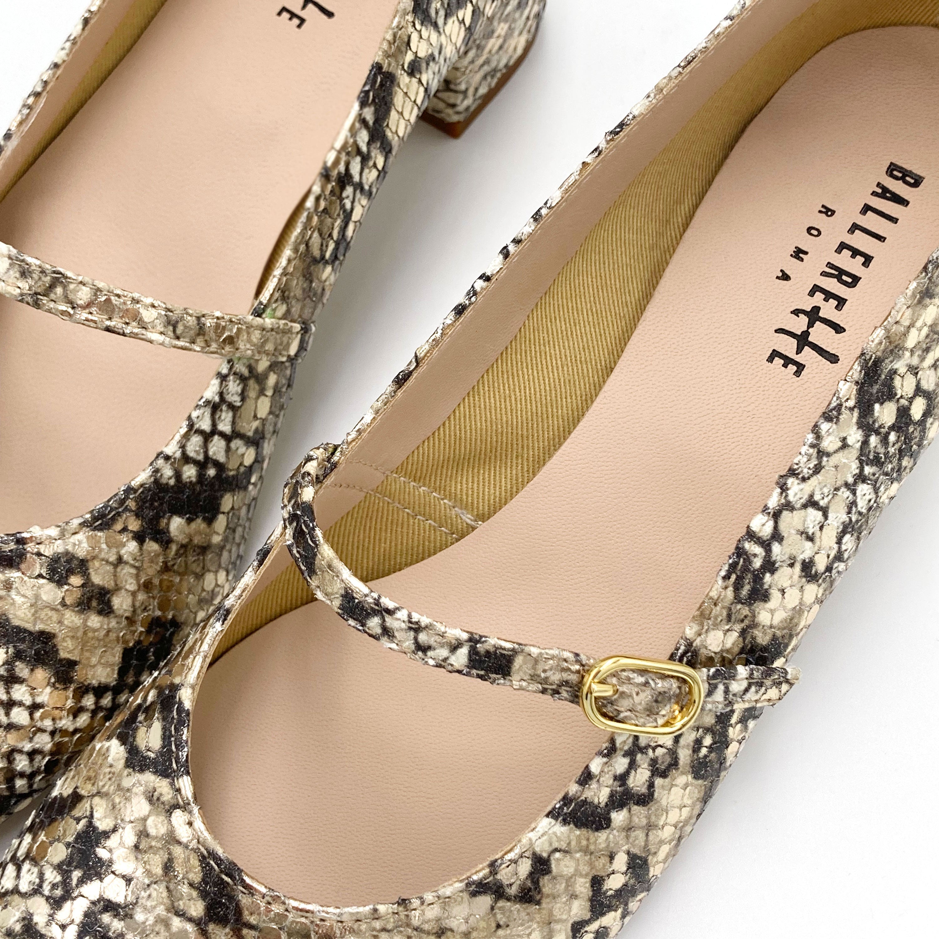 Mary Jane Ballerinas aus Schlangenleder-Print mit Riemen und hohem Absatz