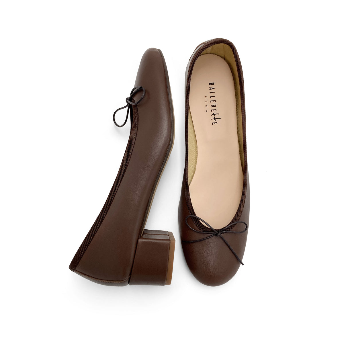 Dunkelbraune Lederballerinas mit hohem Absatz