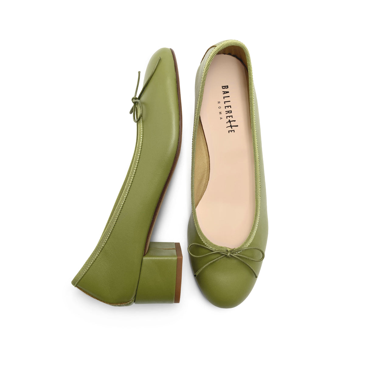 Ballerine in pelle verde oliva con tacco alto