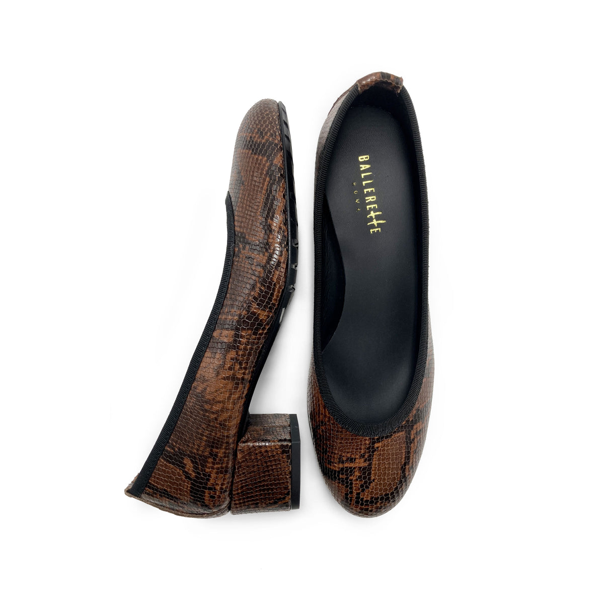Braunem Lederballerinas mit Animalier-Print mit hohem Absatz