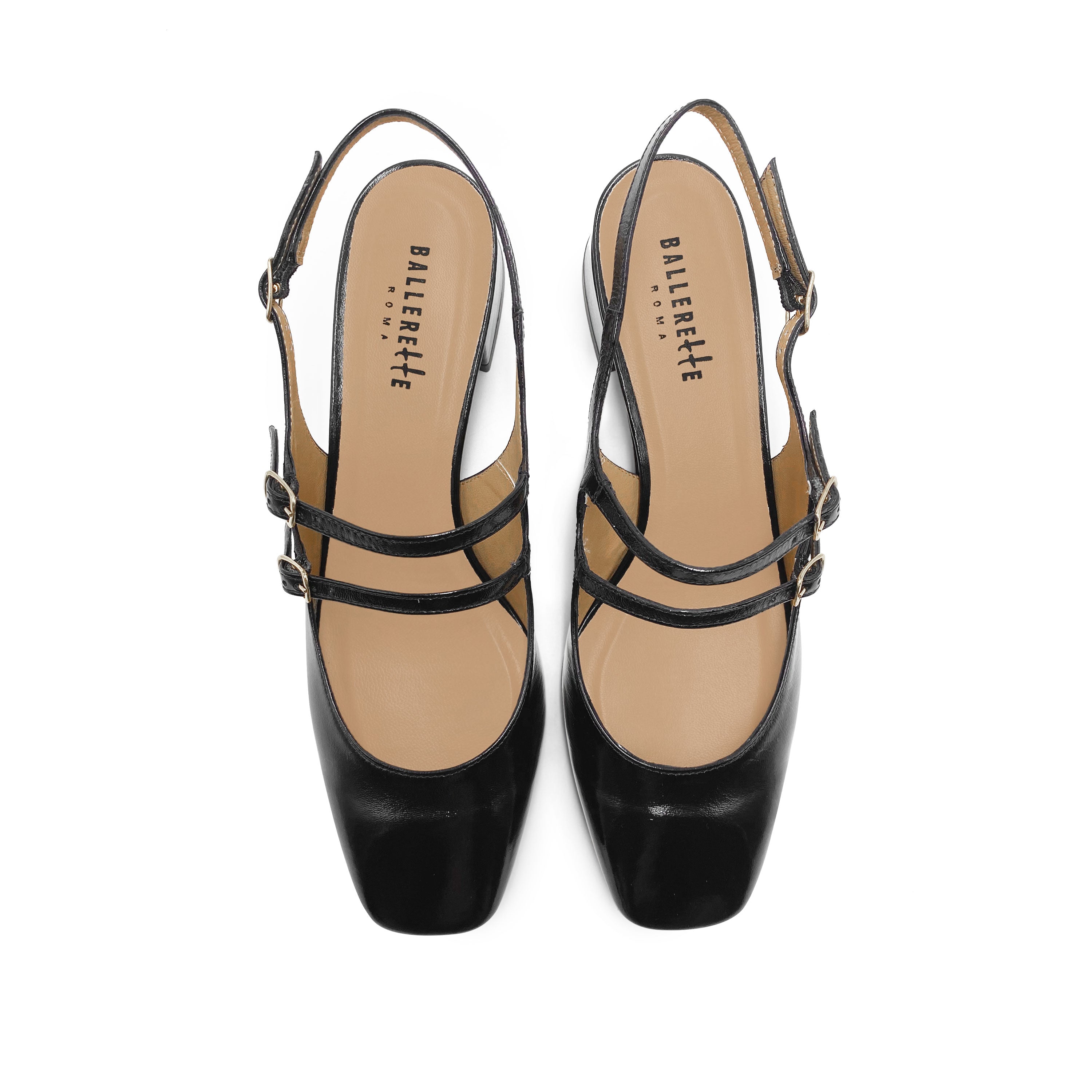 Ballerine slingback nere in pelle lucida con tacco